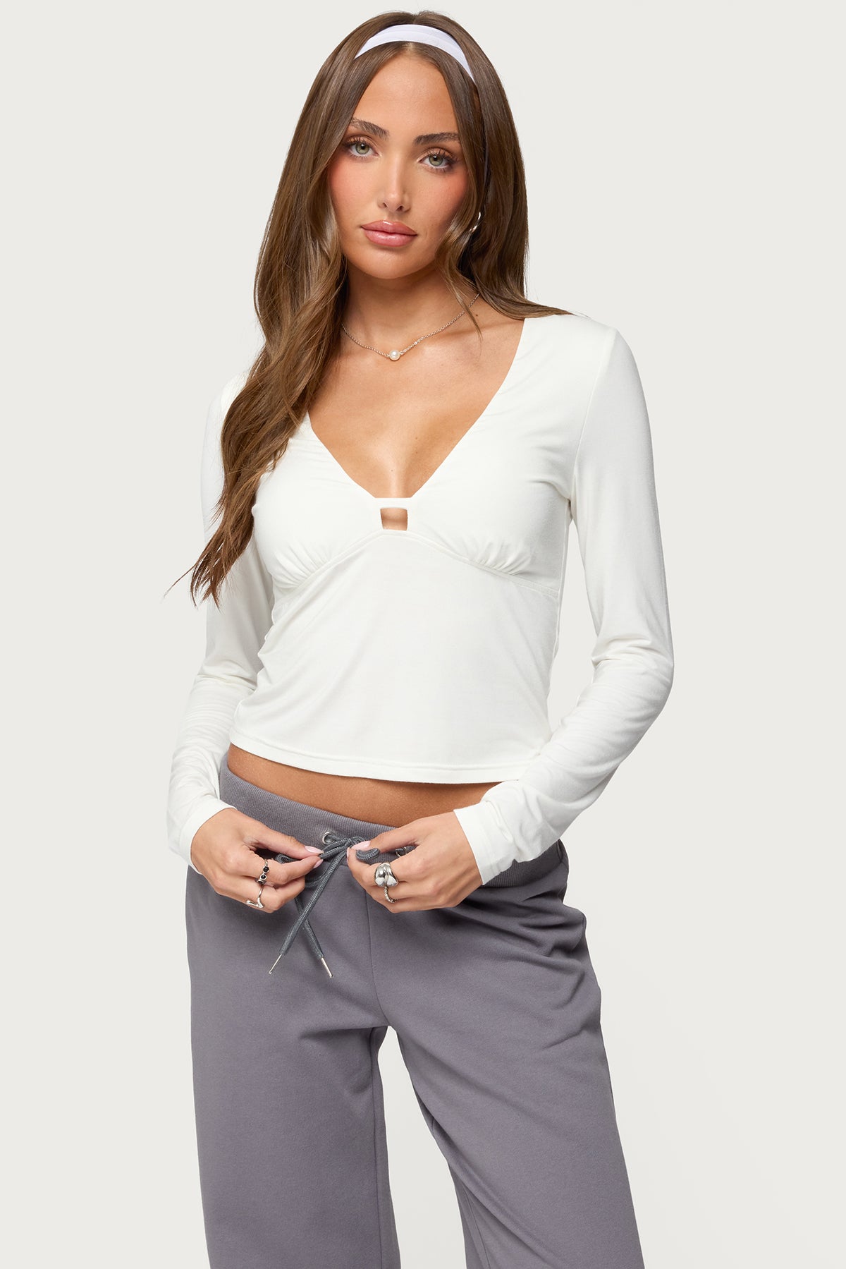 Lovisa White V-Neck Long Sleeve Top Womens Casual Blouse