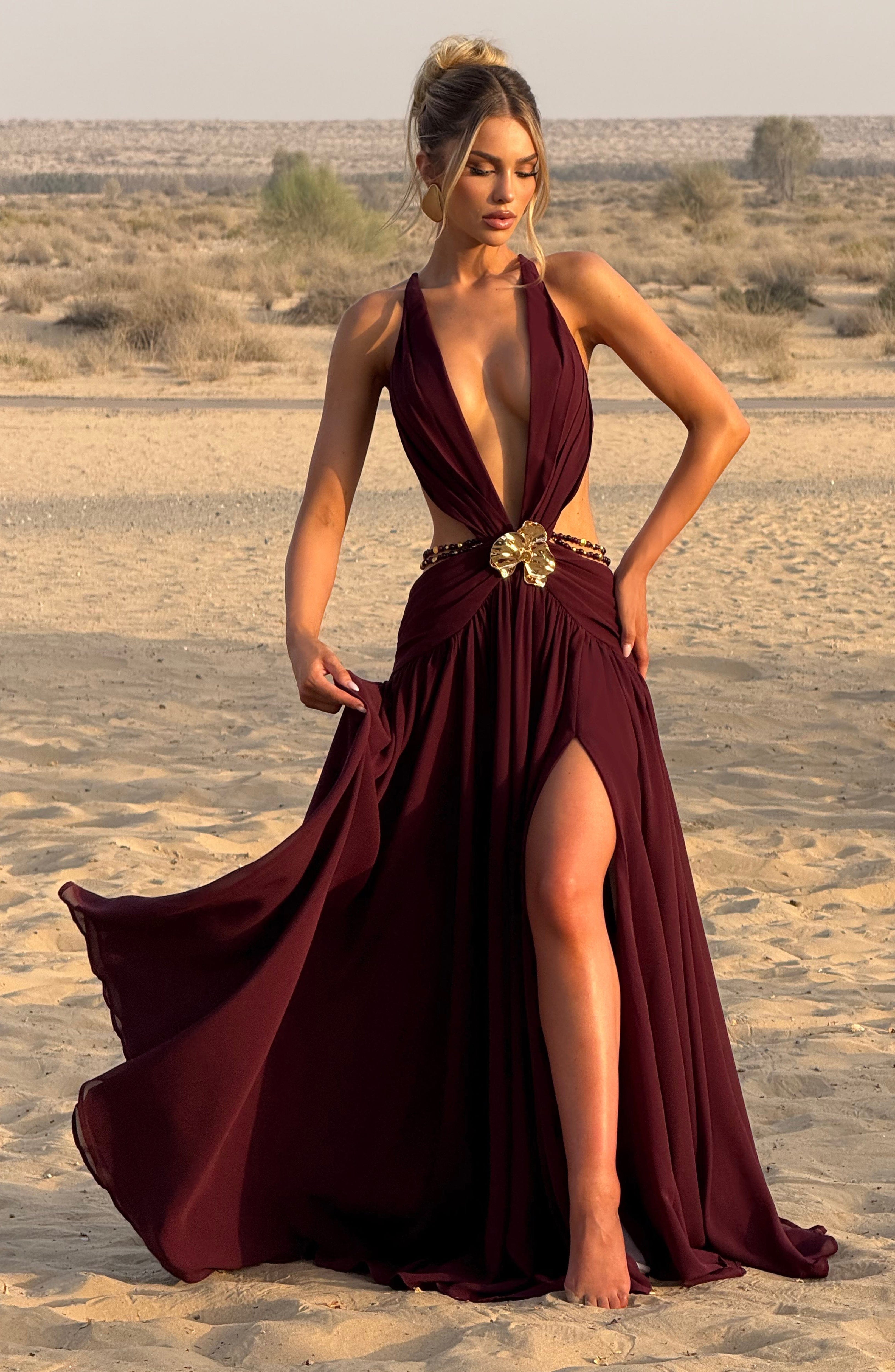 Cherry Lacquer Chiffon Maxi Dress - Elegant Orchid Brooch Detail