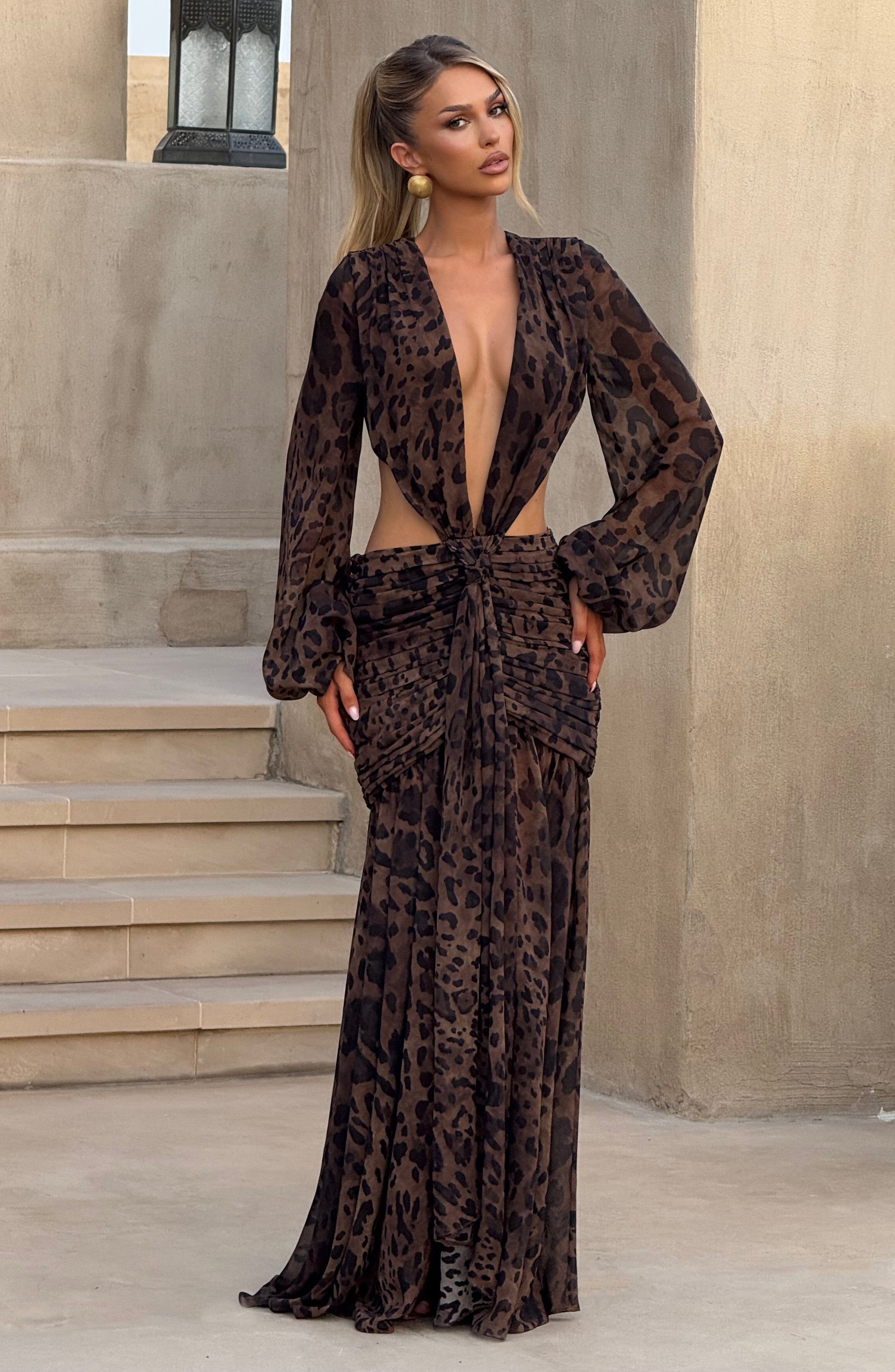 Leopard Print Chiffon Maxi Dress | Elegant Tie Detail