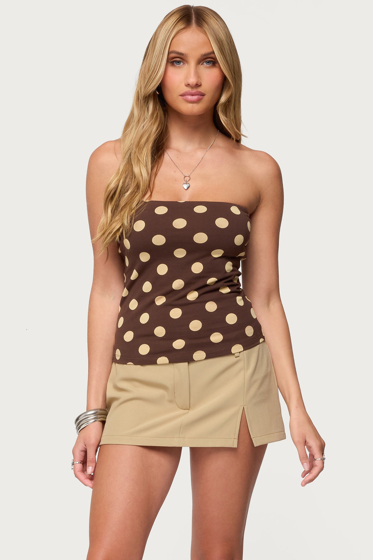 Brown Polka Dot Tube Top with Built-In Bra
