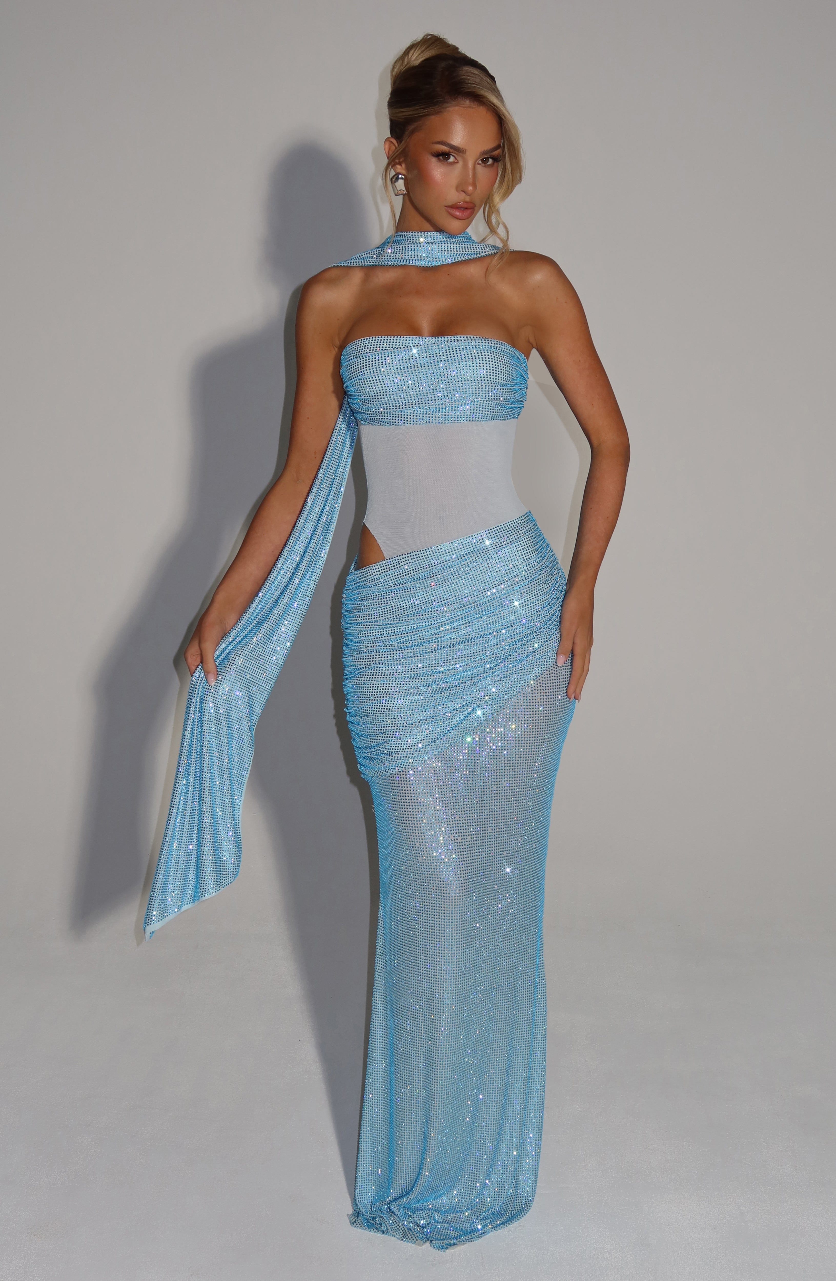Aqua Strapless Maxi Dress with Sheer Mesh Panels