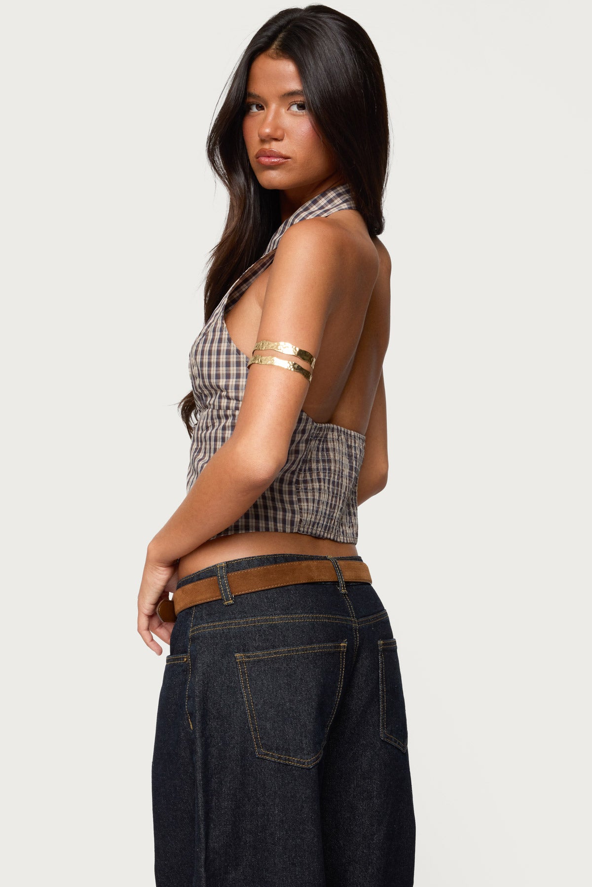 Brown Plaid Halter Neck Top - Stylish Comfort for Women