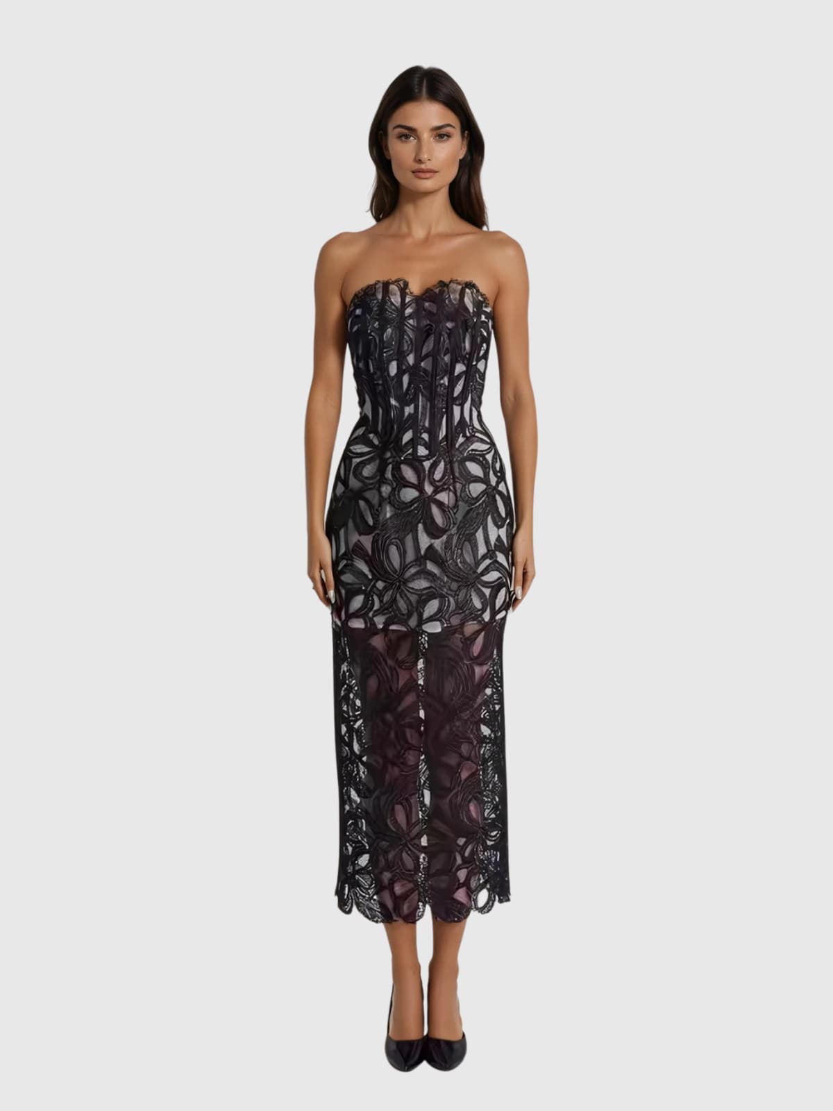 Strapless Floral Embroidered Midi Dress