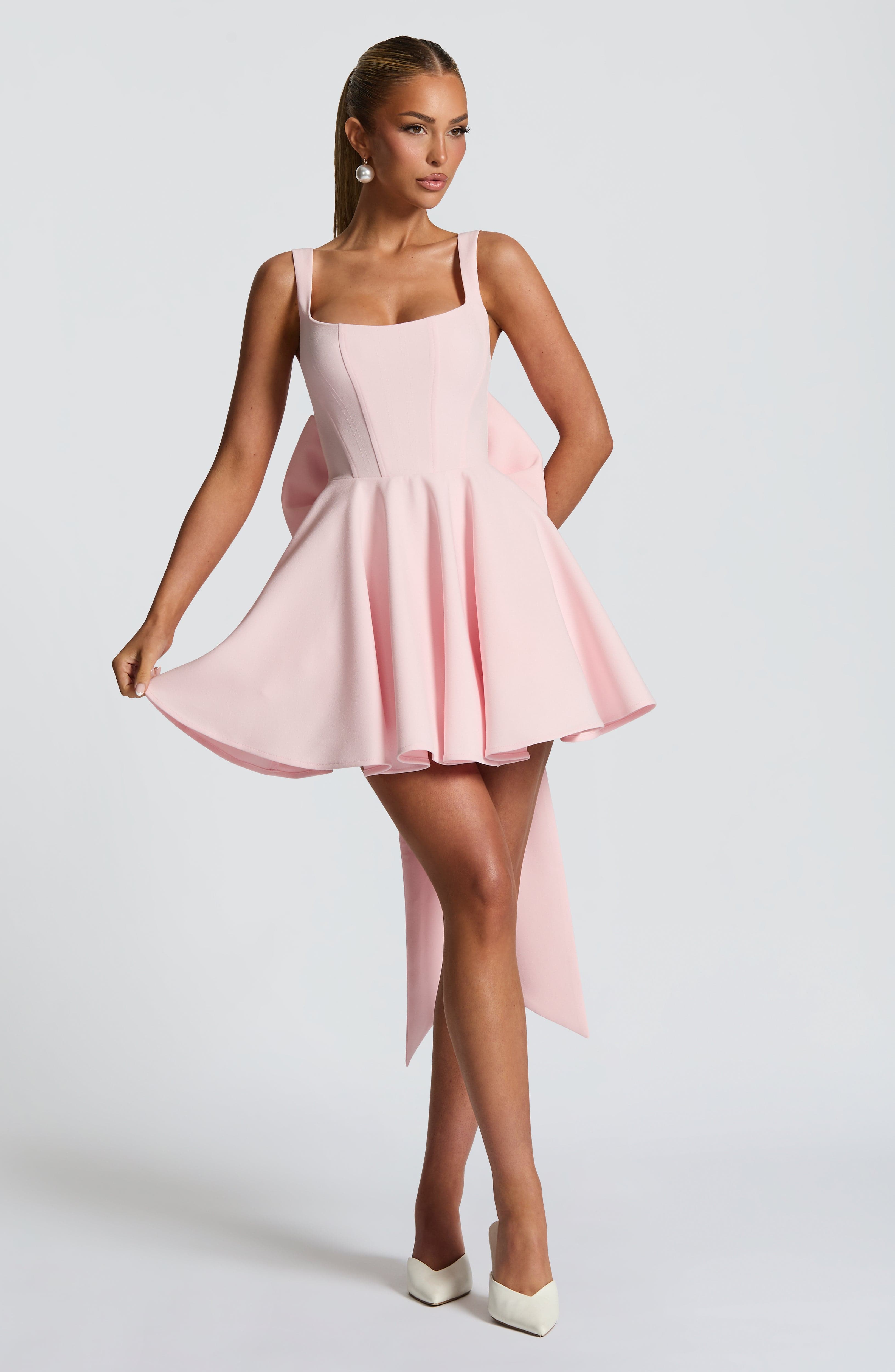 Elegant Blush Square Neckline Mini Dress with Detachable Bow