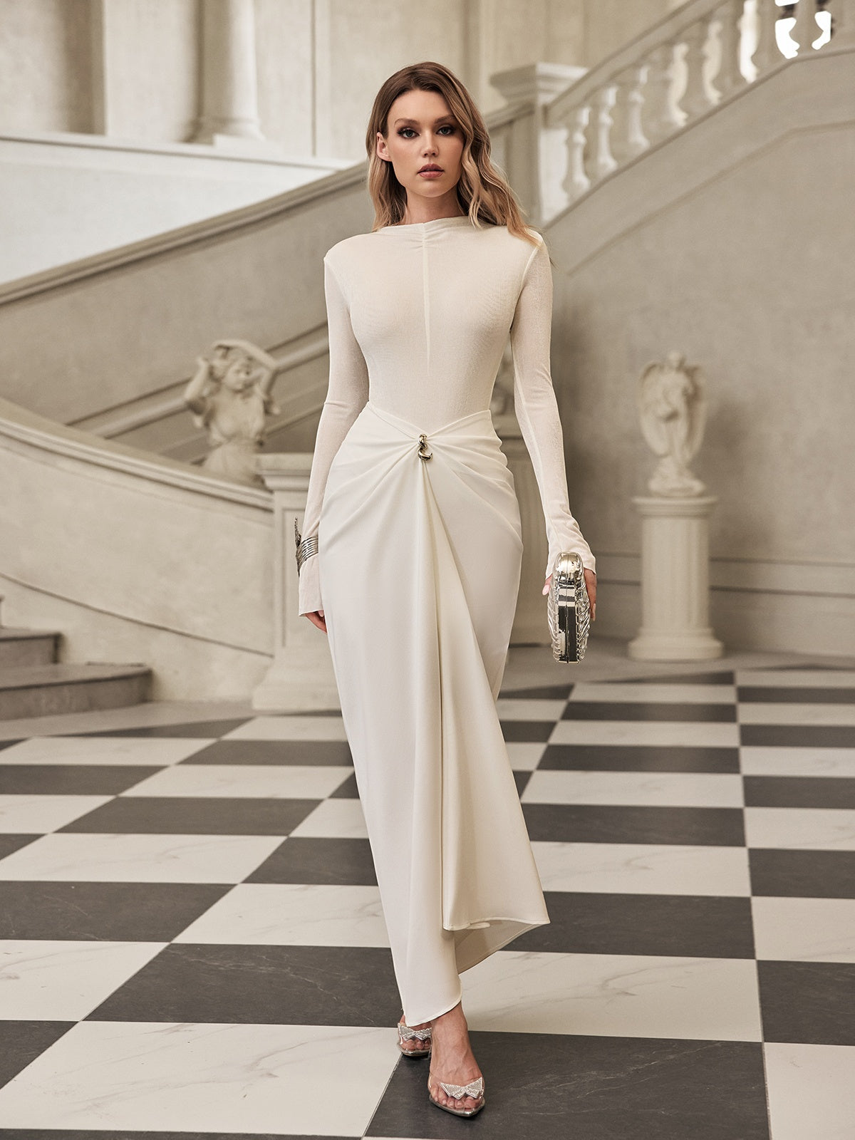 Elegant Long Sleeve Ruched Skirt Set