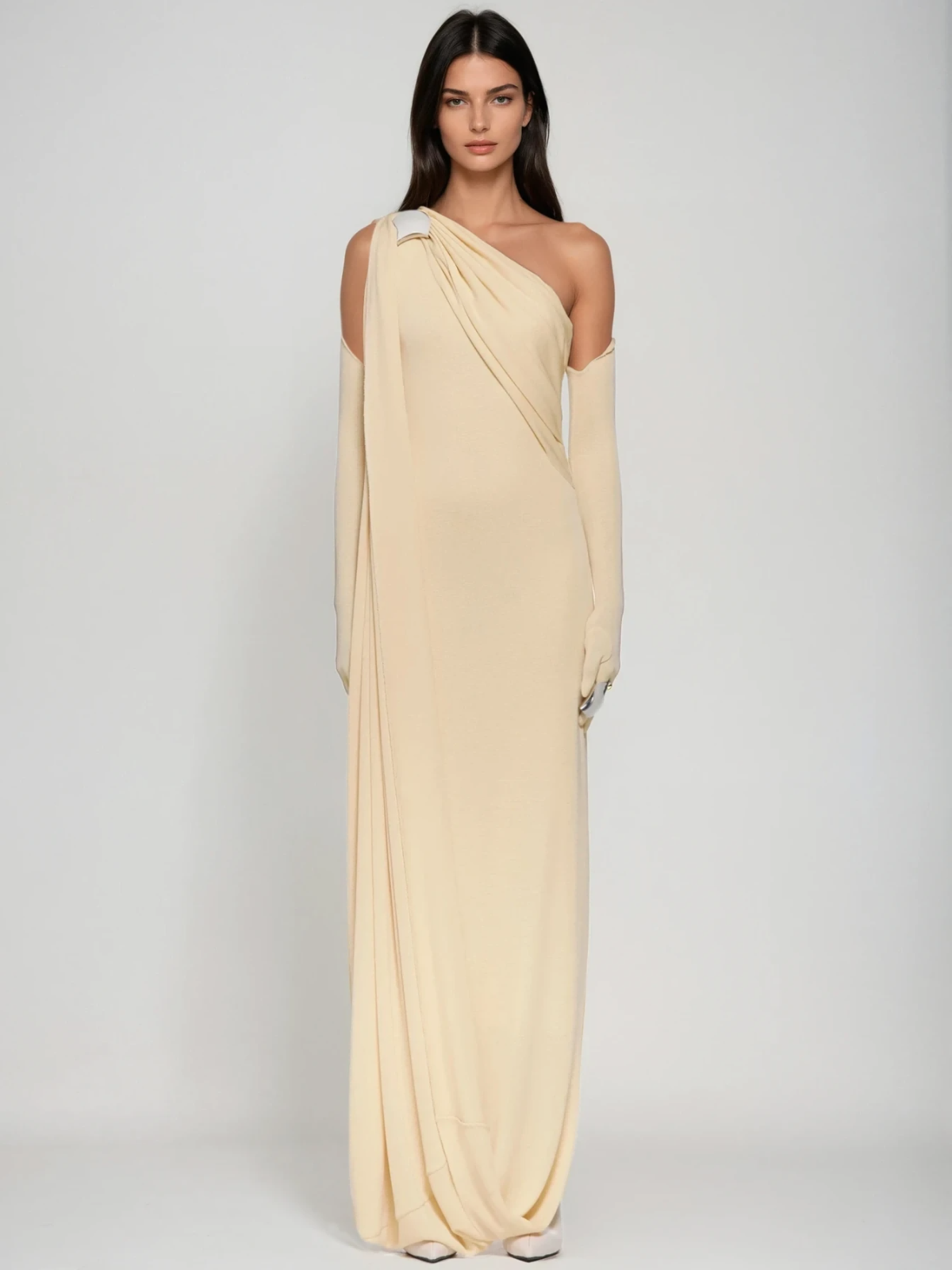 Butter Yellow One Shoulder Draped Maxi Dress