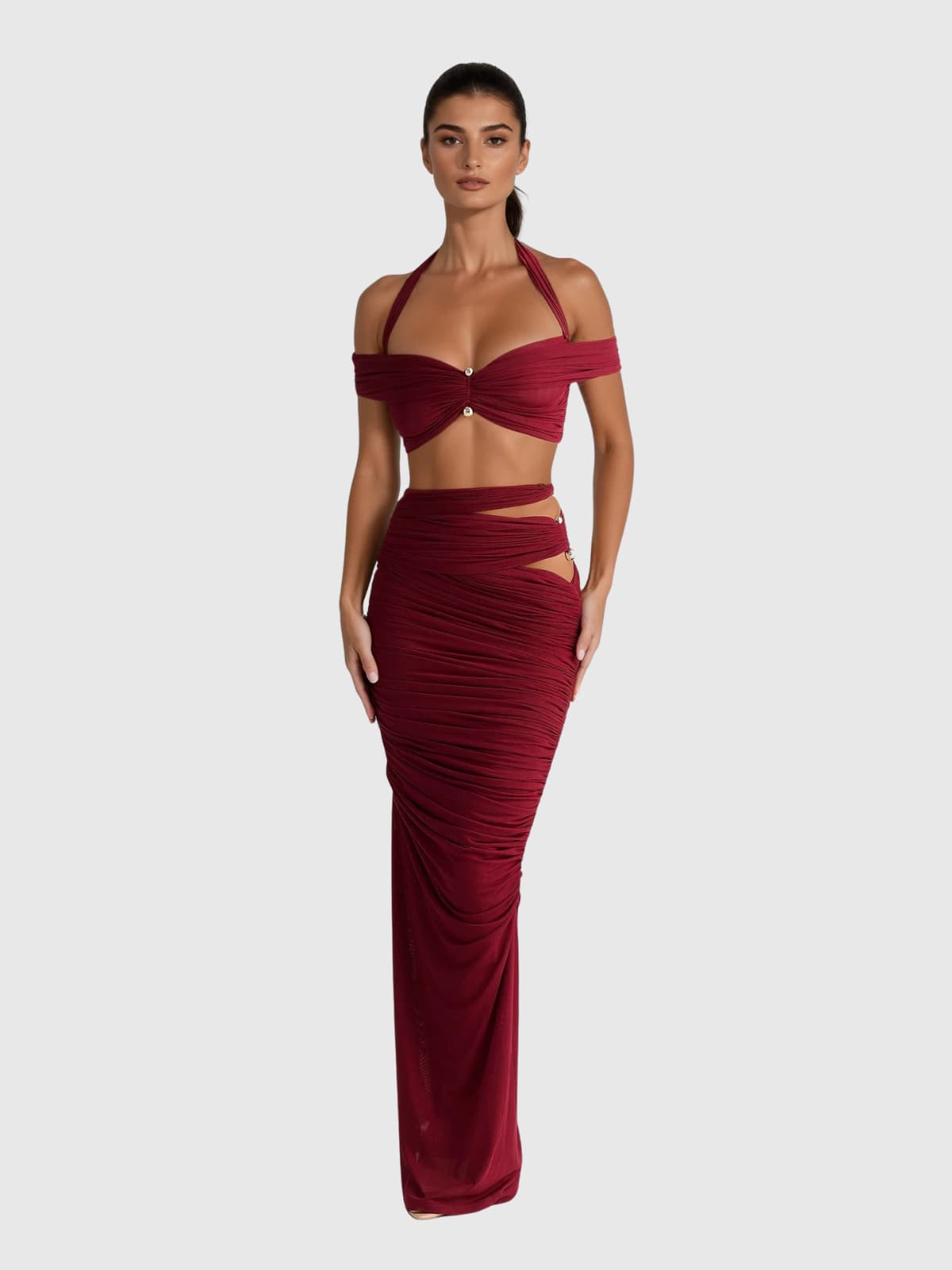 Ruched Off Shoulder Skirt Set - Elegant and Flattering