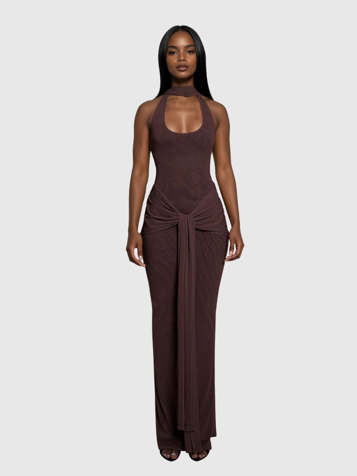 Brown Halterneck Tie Up Maxi Dress