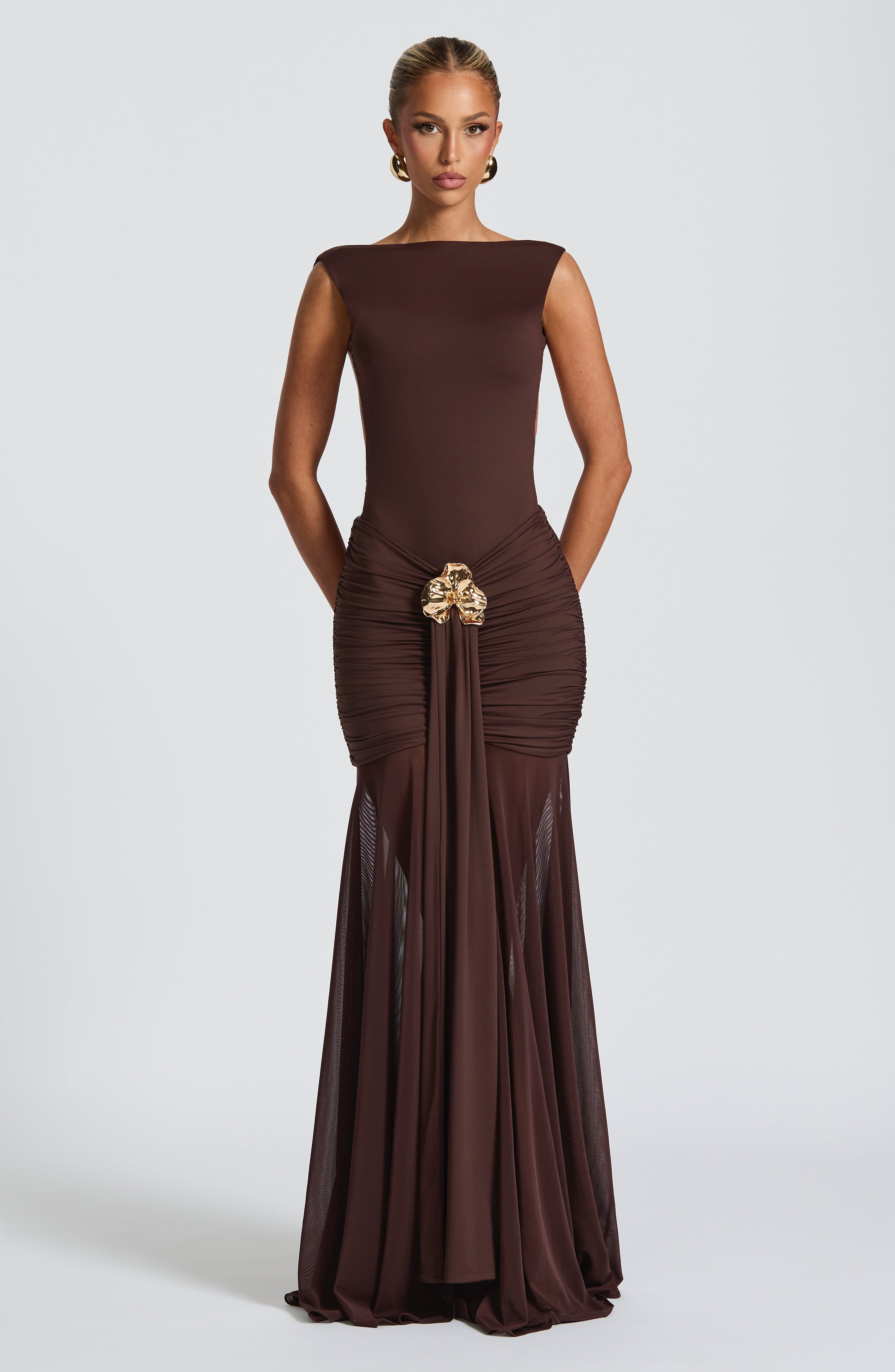 Plum Brown Maxi Skirt - Elegant Jersey Mesh Blend