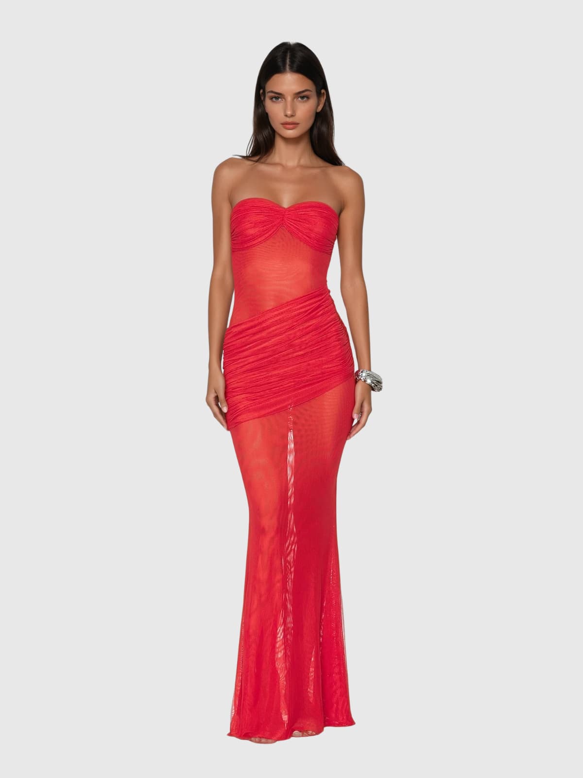 Elegant Red Ruched Maxi Dress - Strapless Design