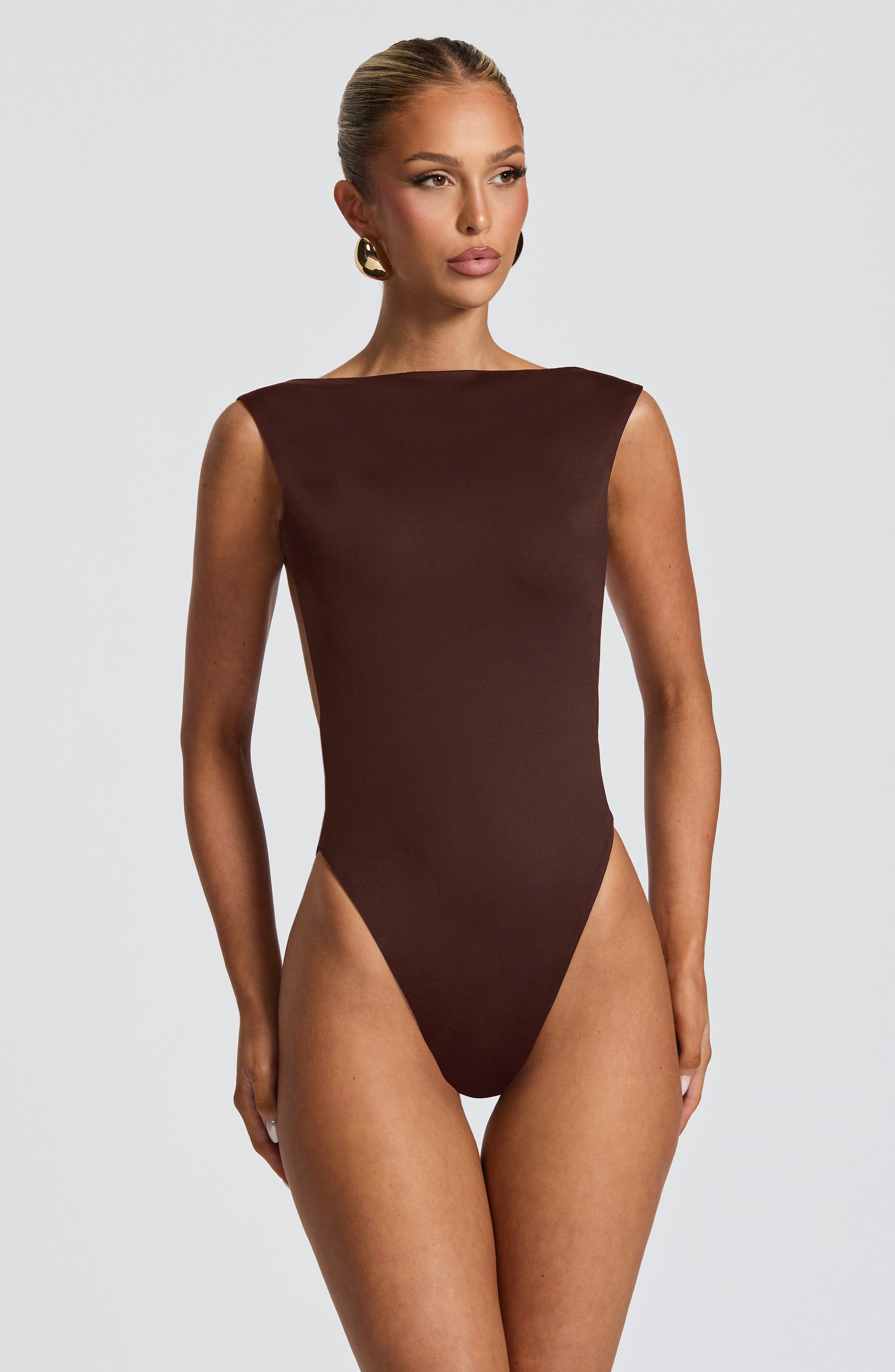 Plum Brown Slinky Jersey Bodysuit - Womens Elegant Dress