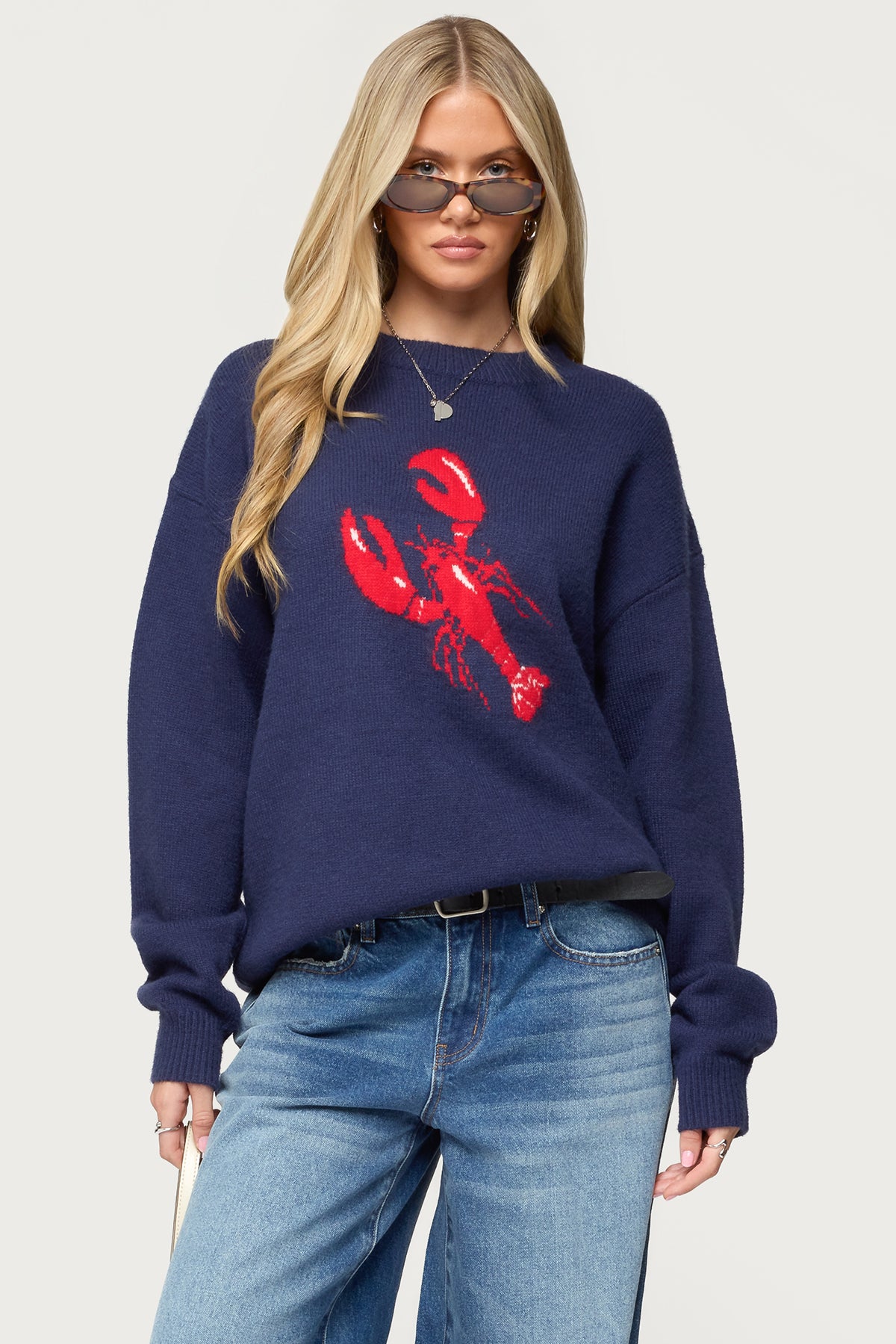 Navy Knit Lobster Graphic Sweater - Cozy Long Sleeve Outerwear