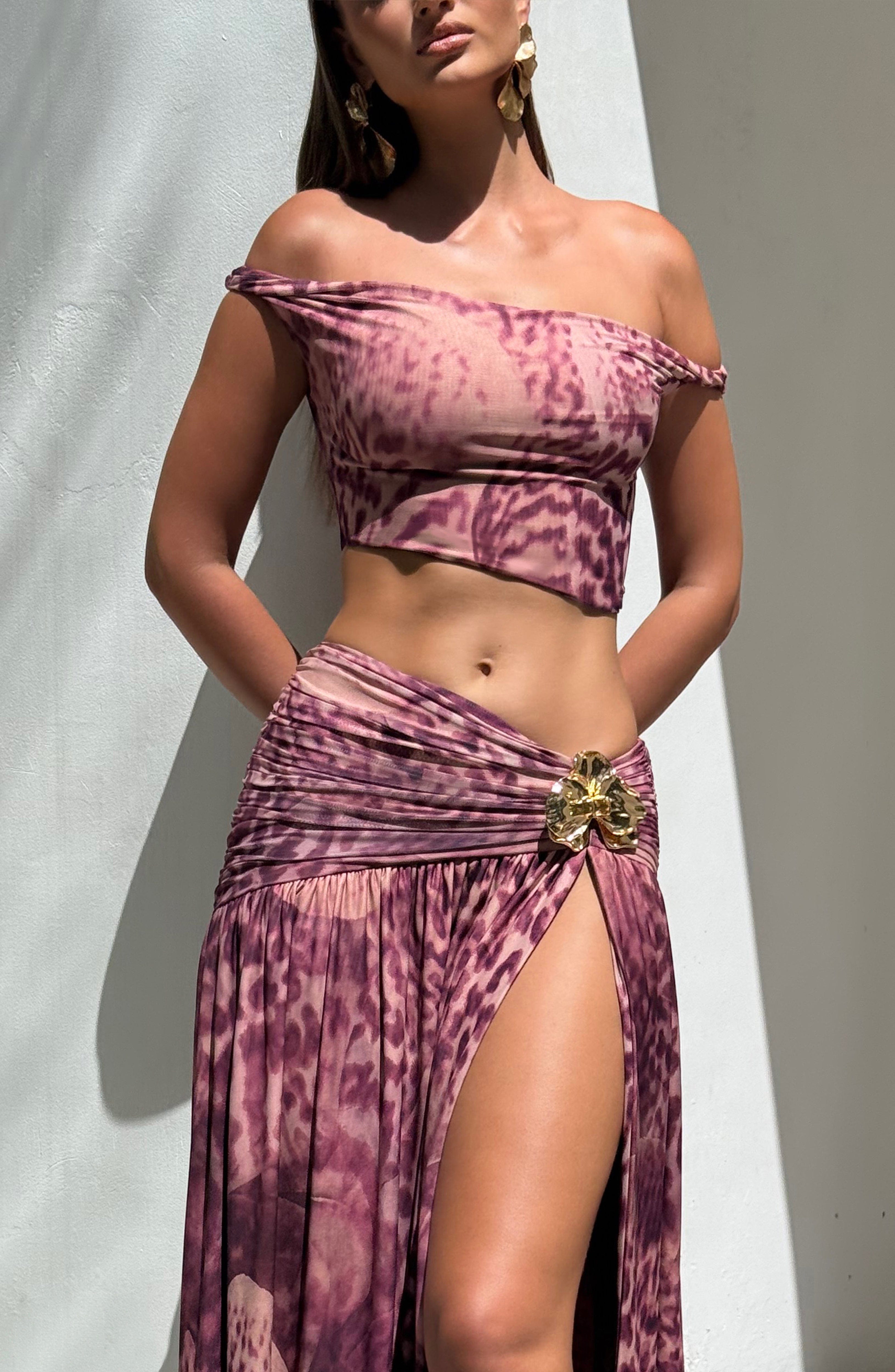 Magenta Orchid Print Bardot Top - Exclusive Twist Detail