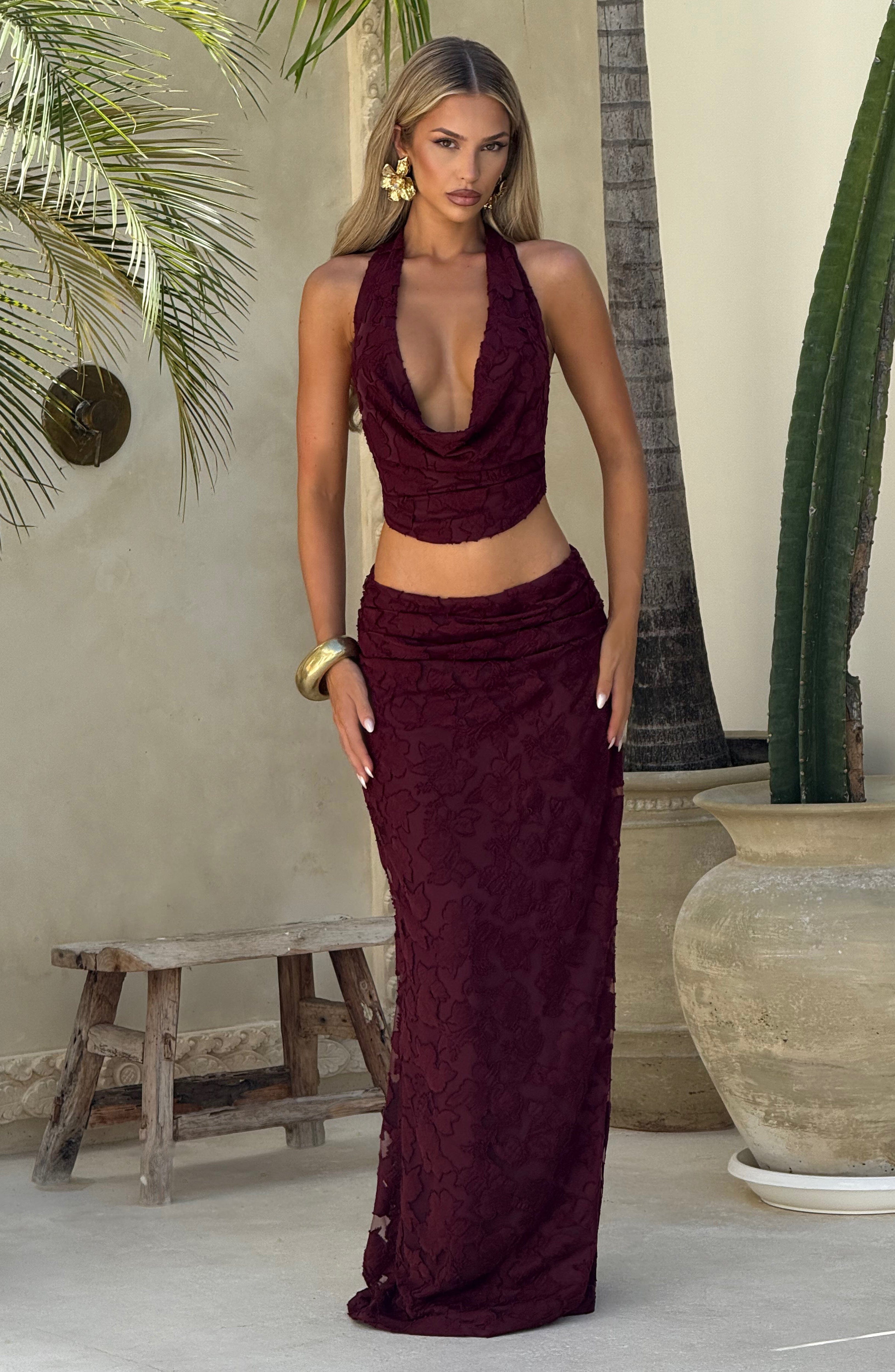 Cherry Lacquer Floral Burnout Jersey Maxi Skirt