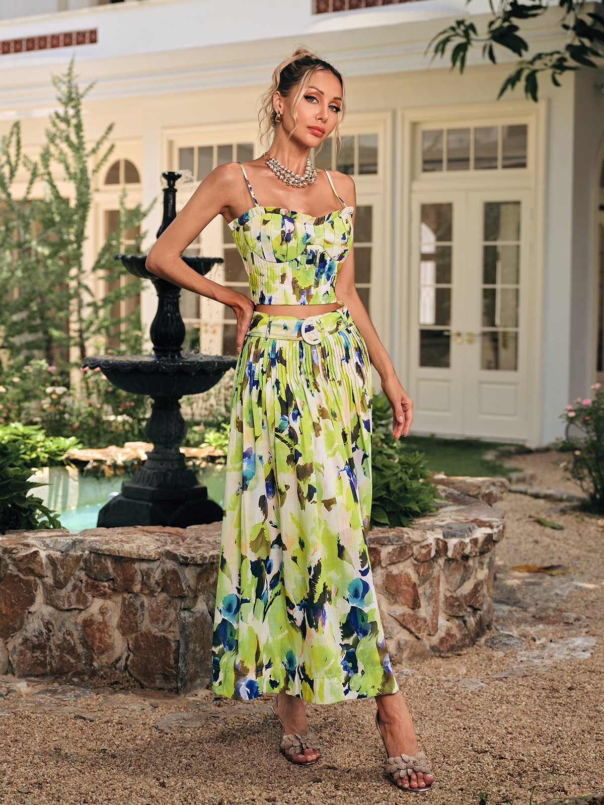 Printed Pleated Skirt Set for Women - Elegant Chic Style