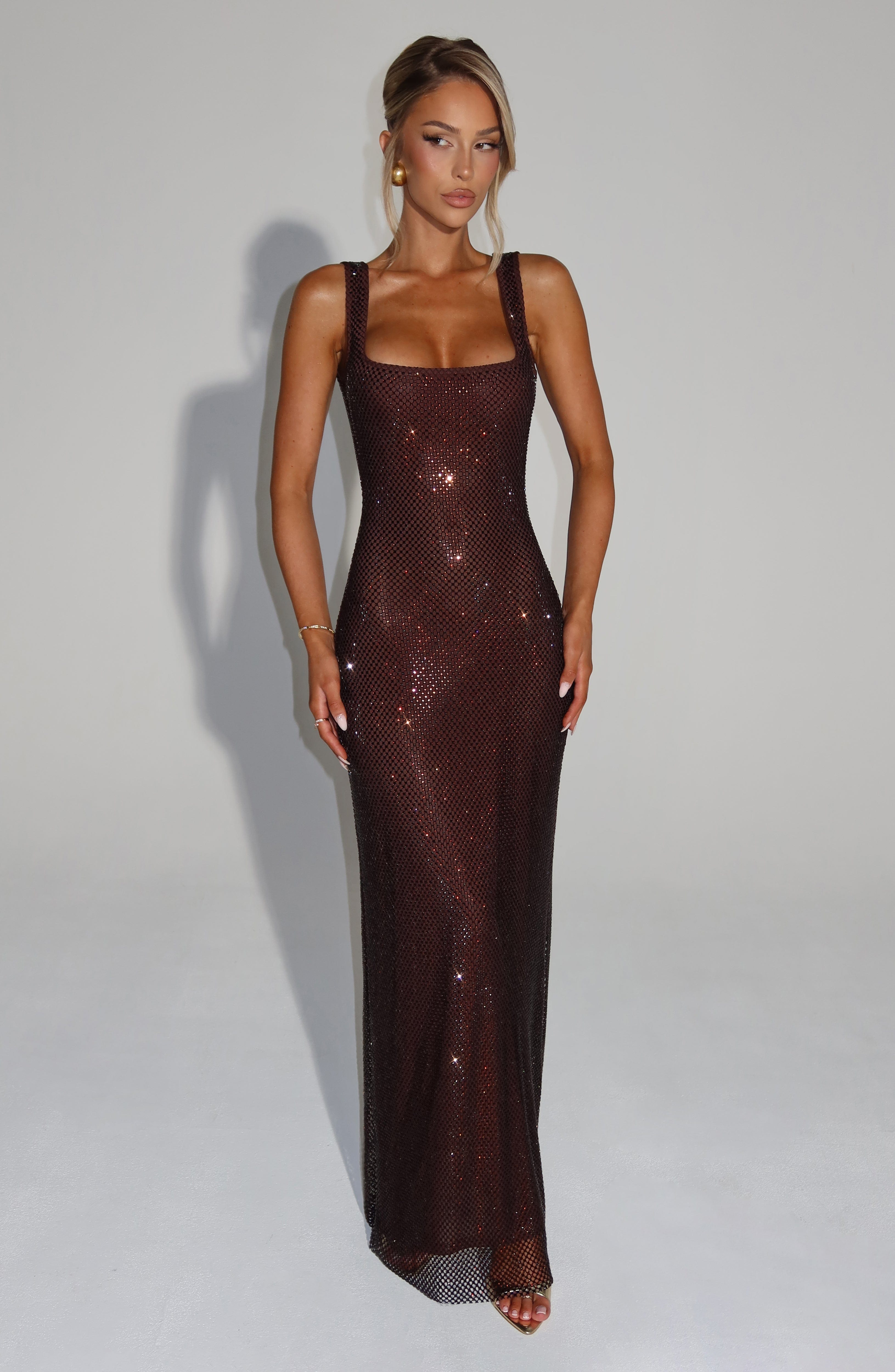 Plum Brown Mesh Embellished Maxi Dress - Body-Hugging Fit