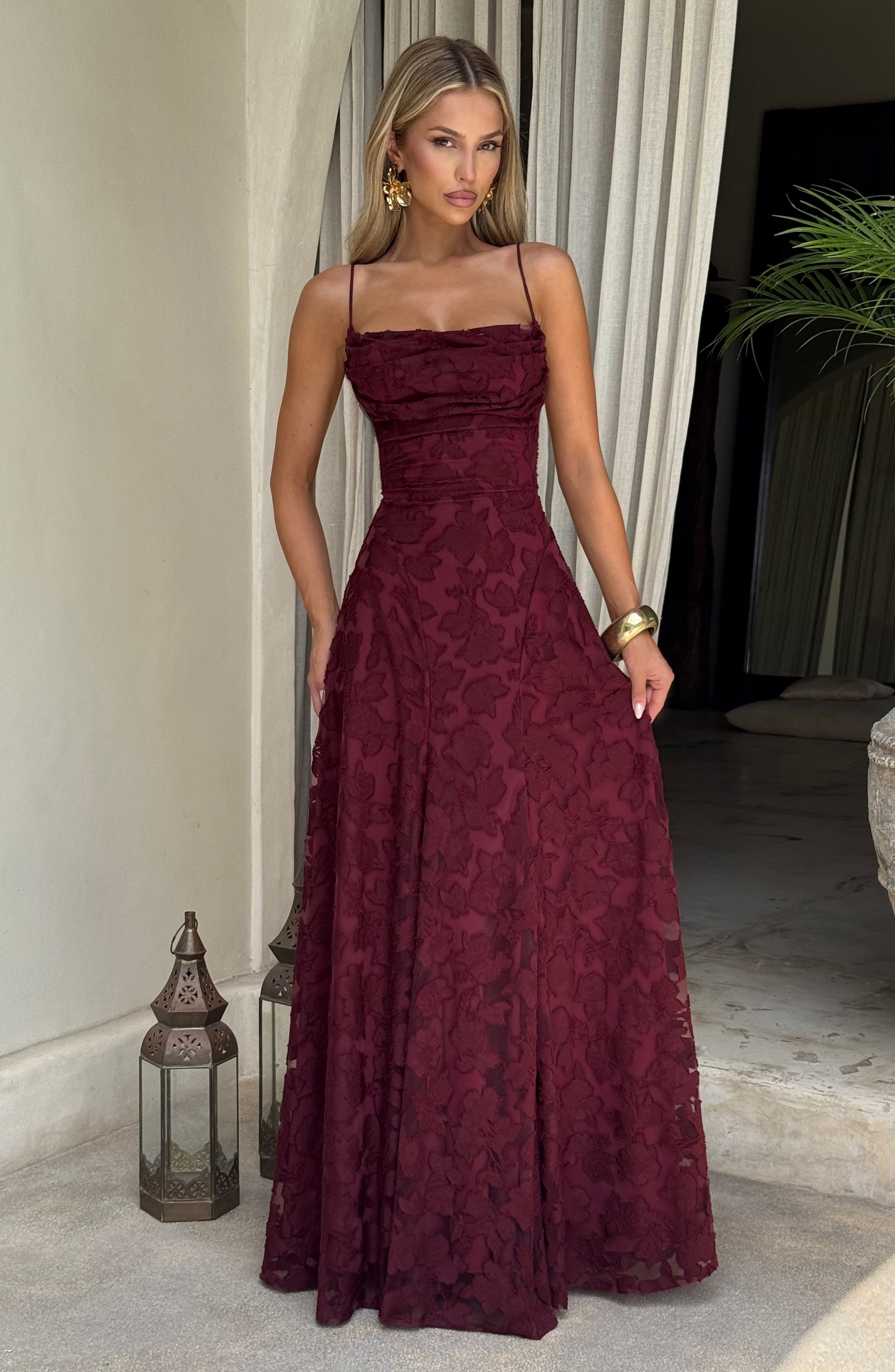 Cherry Lacquer Floral Burnout Maxi Dress