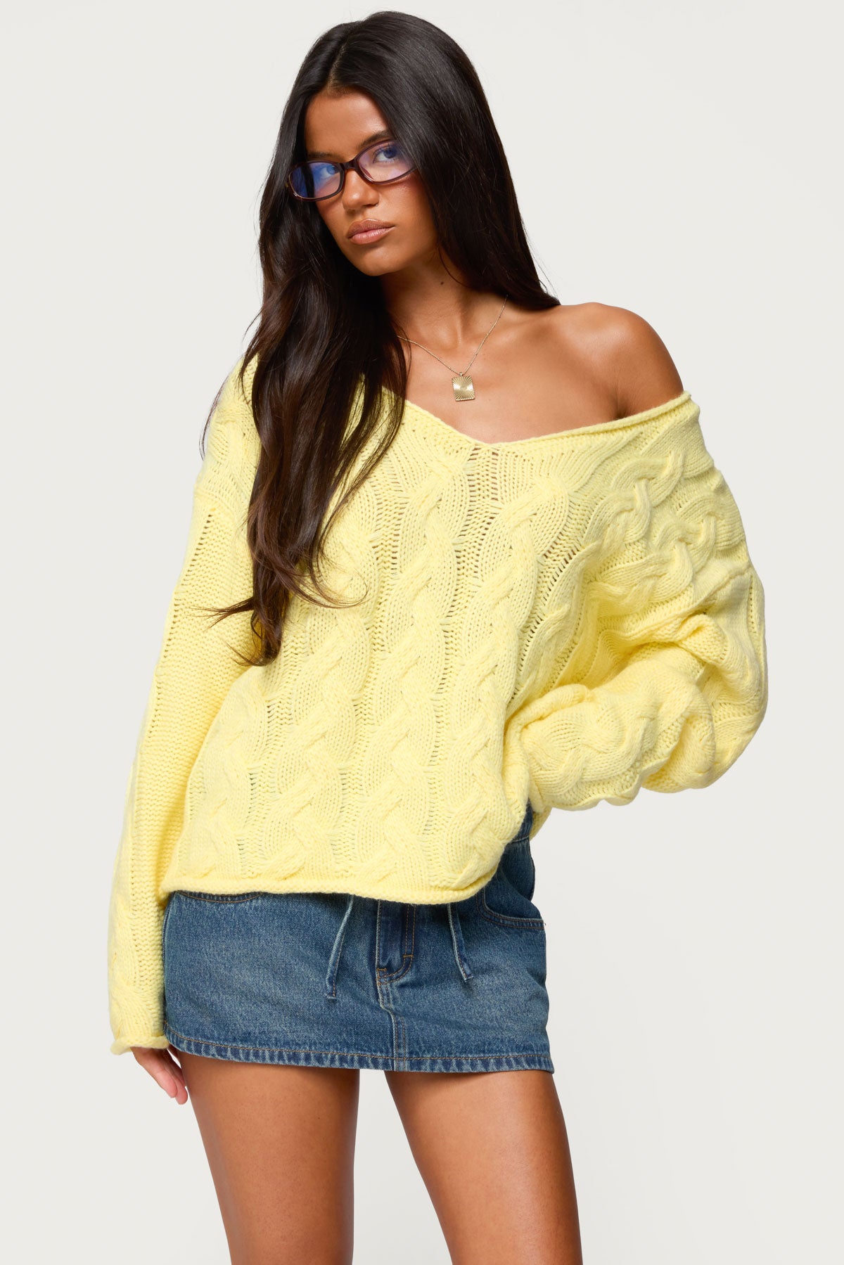 Oversized Cable Knit Sweater in Yellow
