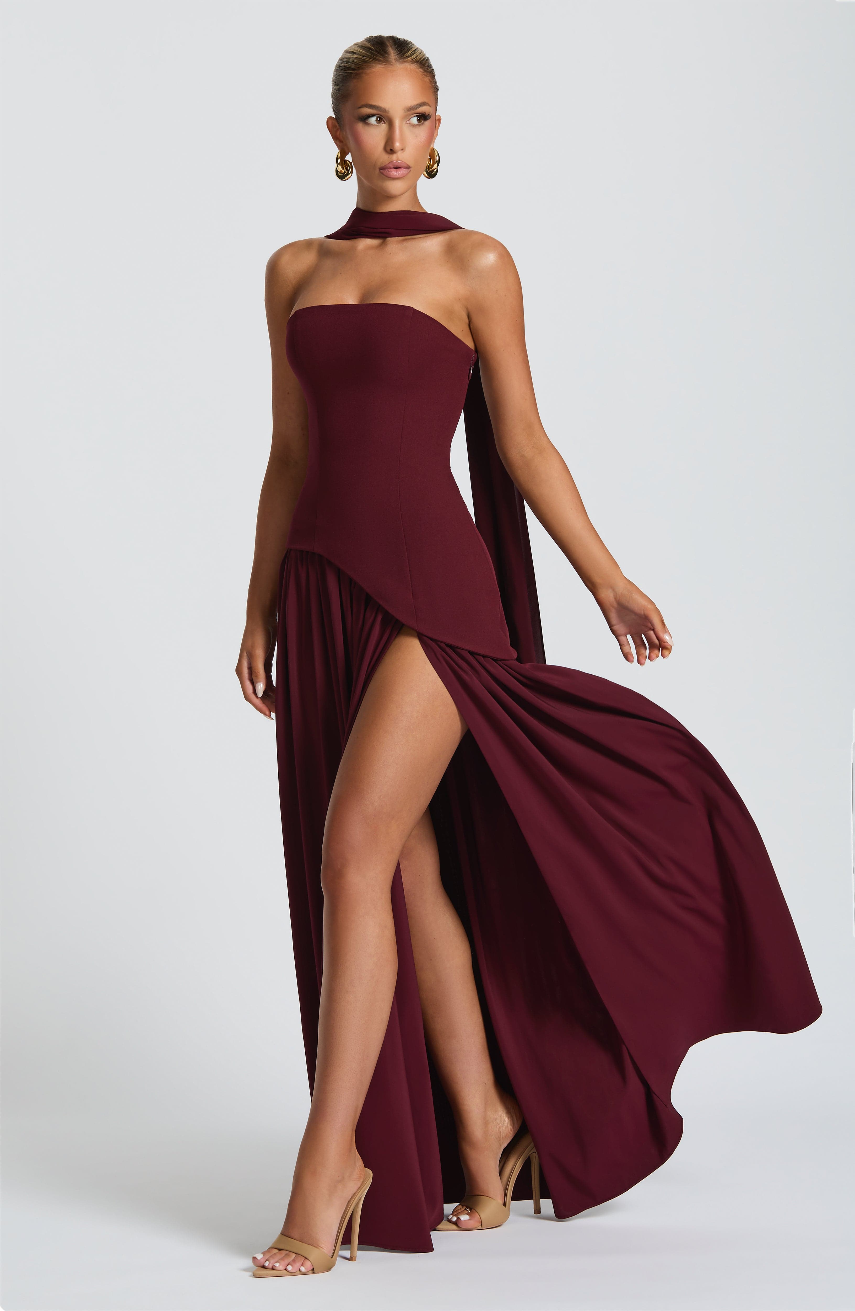 Cherry Lacquer Maxi Dress with Asymmetrical Hem