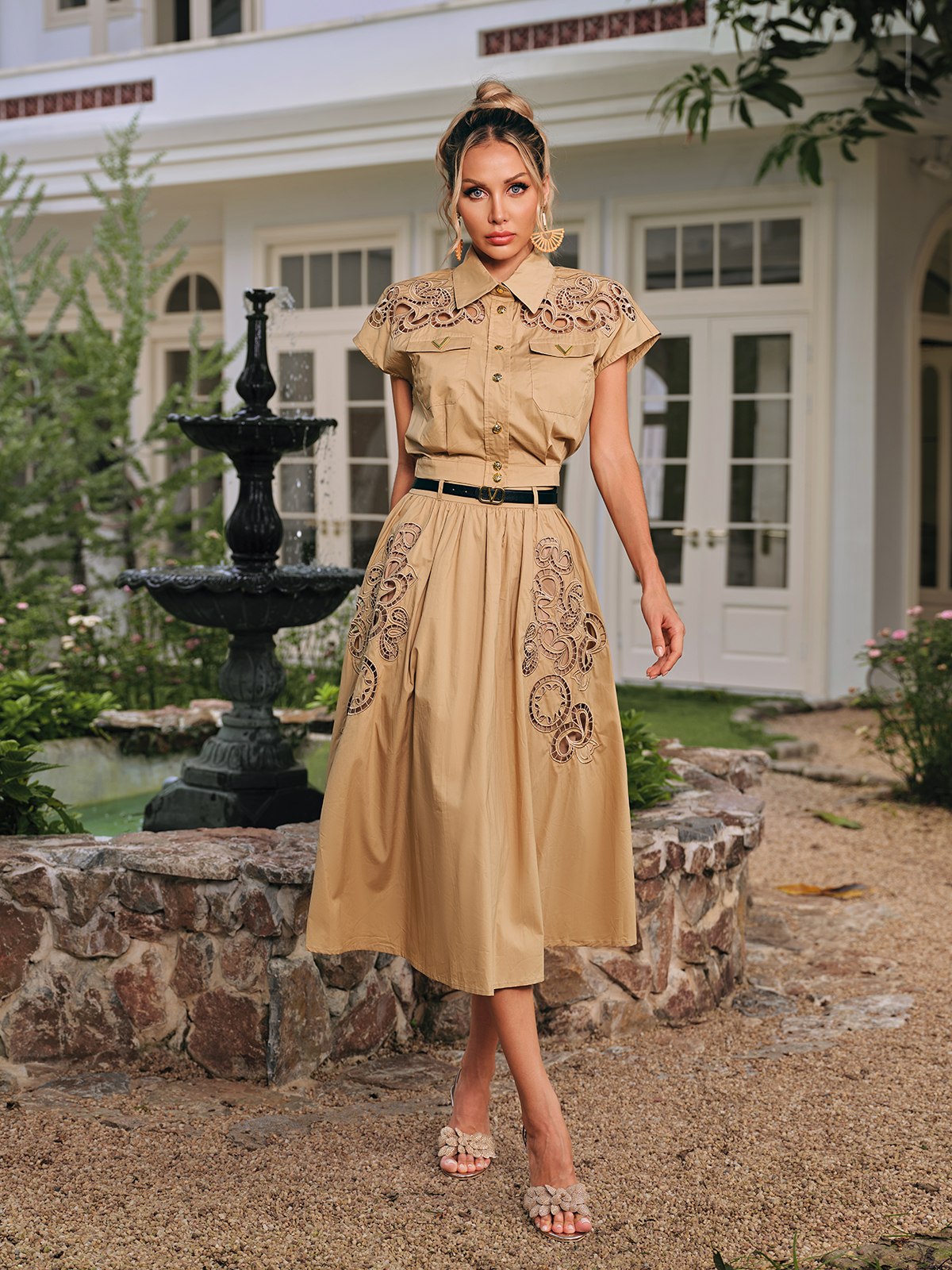 Embroidered Folded Collar Skirt Set in Khaki | Elegant Womens Ensemble