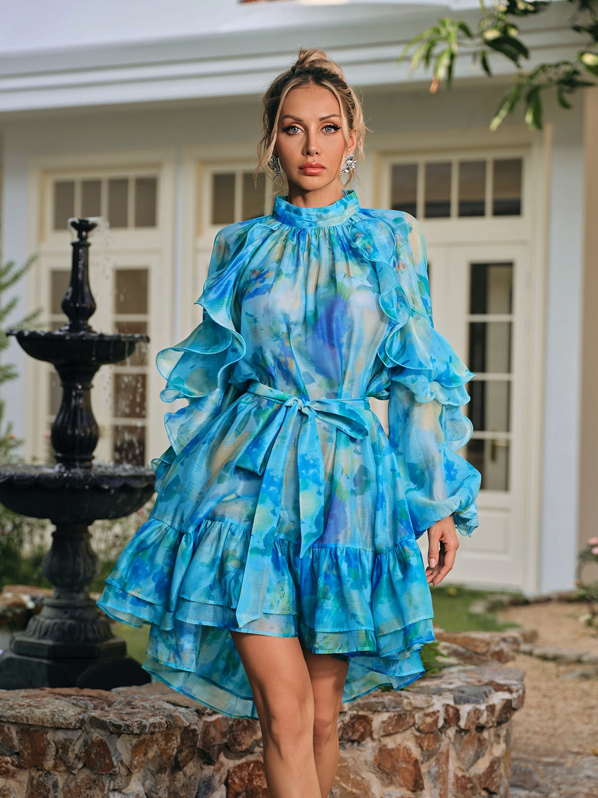 Tiered Printed Mini Dress with Ruffle Detailing
