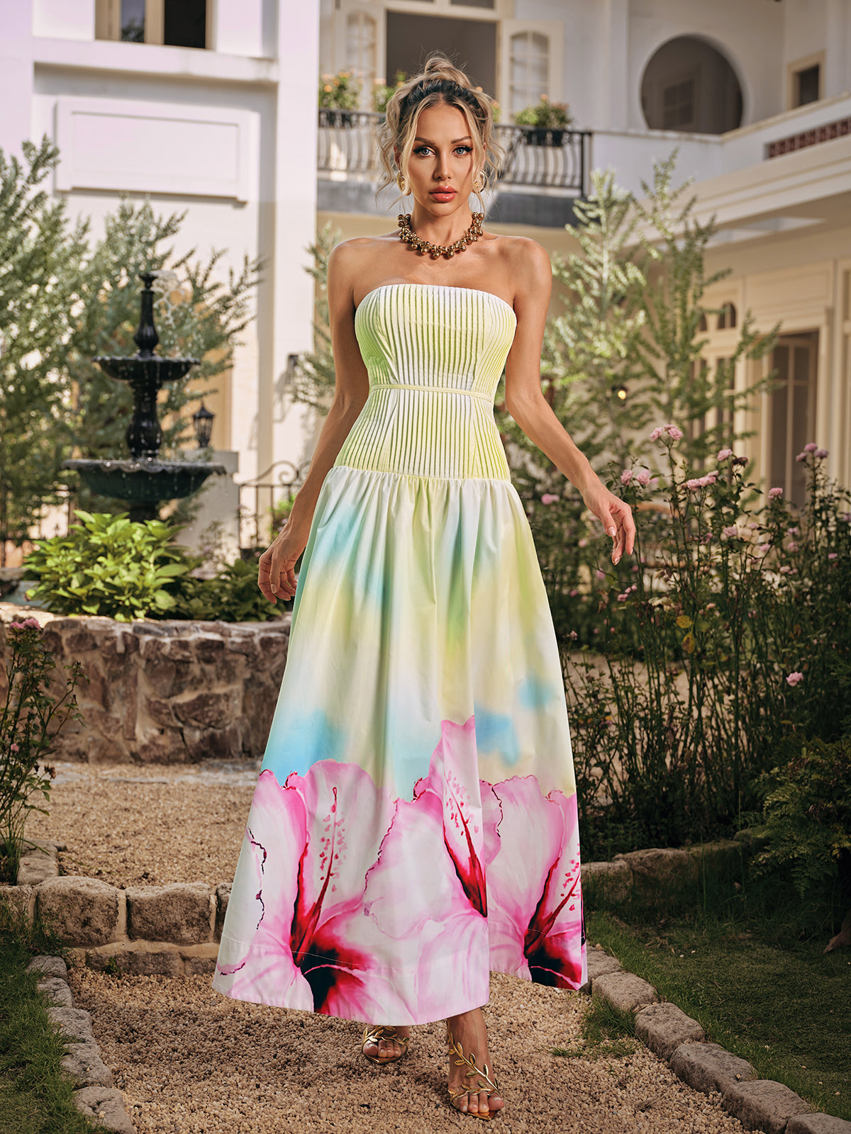 Strapless Floral Pleated Maxi Dress in Yellow | Li Fu