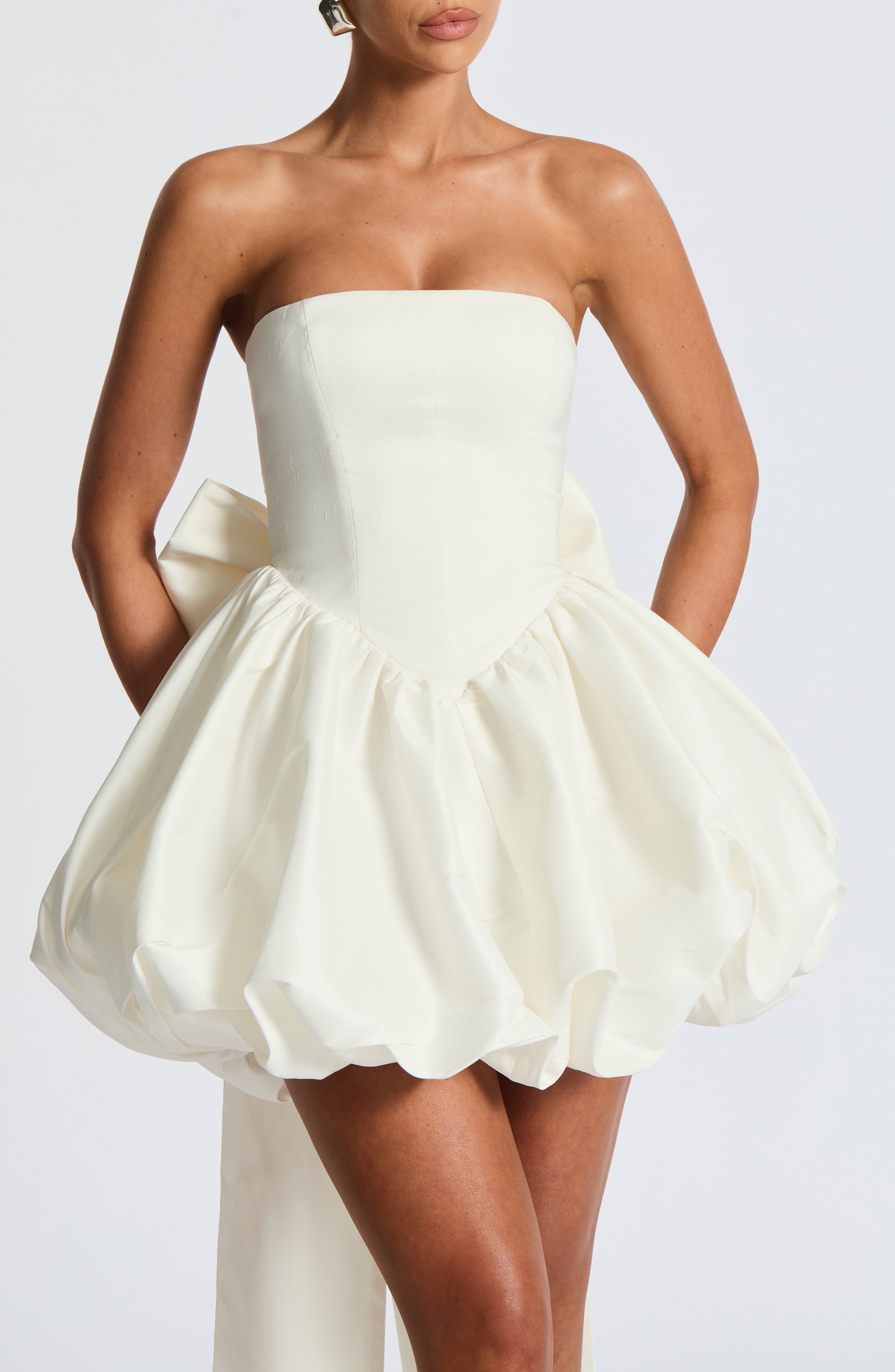 Ivory Strapless Taffeta Mini Dress with Lace-Up Back