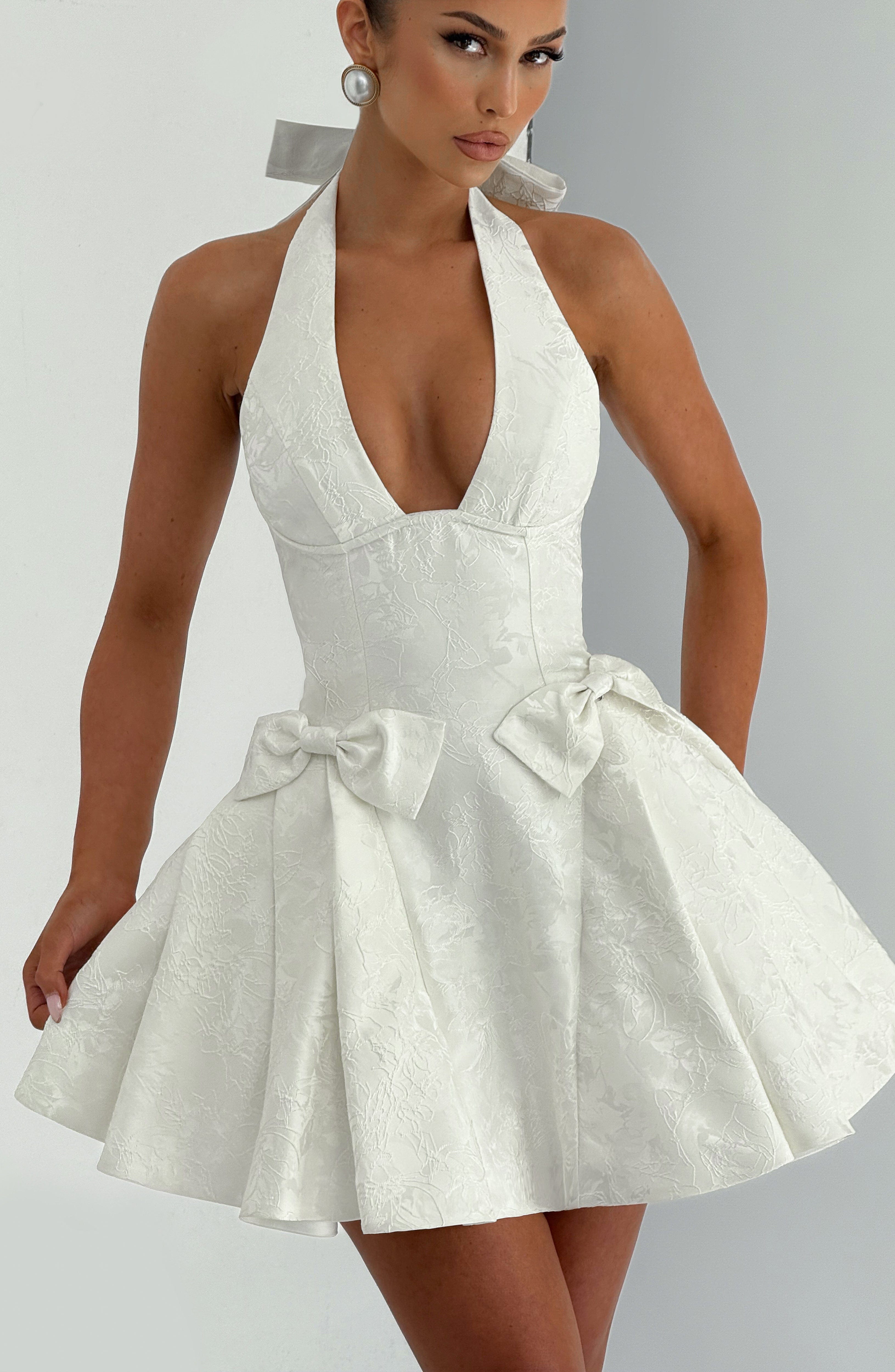 Floral Jacquard Halter Mini Dress in Ivory