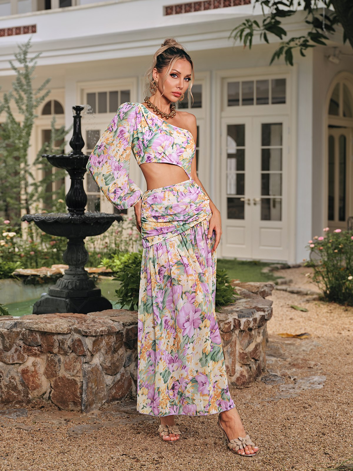Floral One-Shoulder Cutout Skirt Set