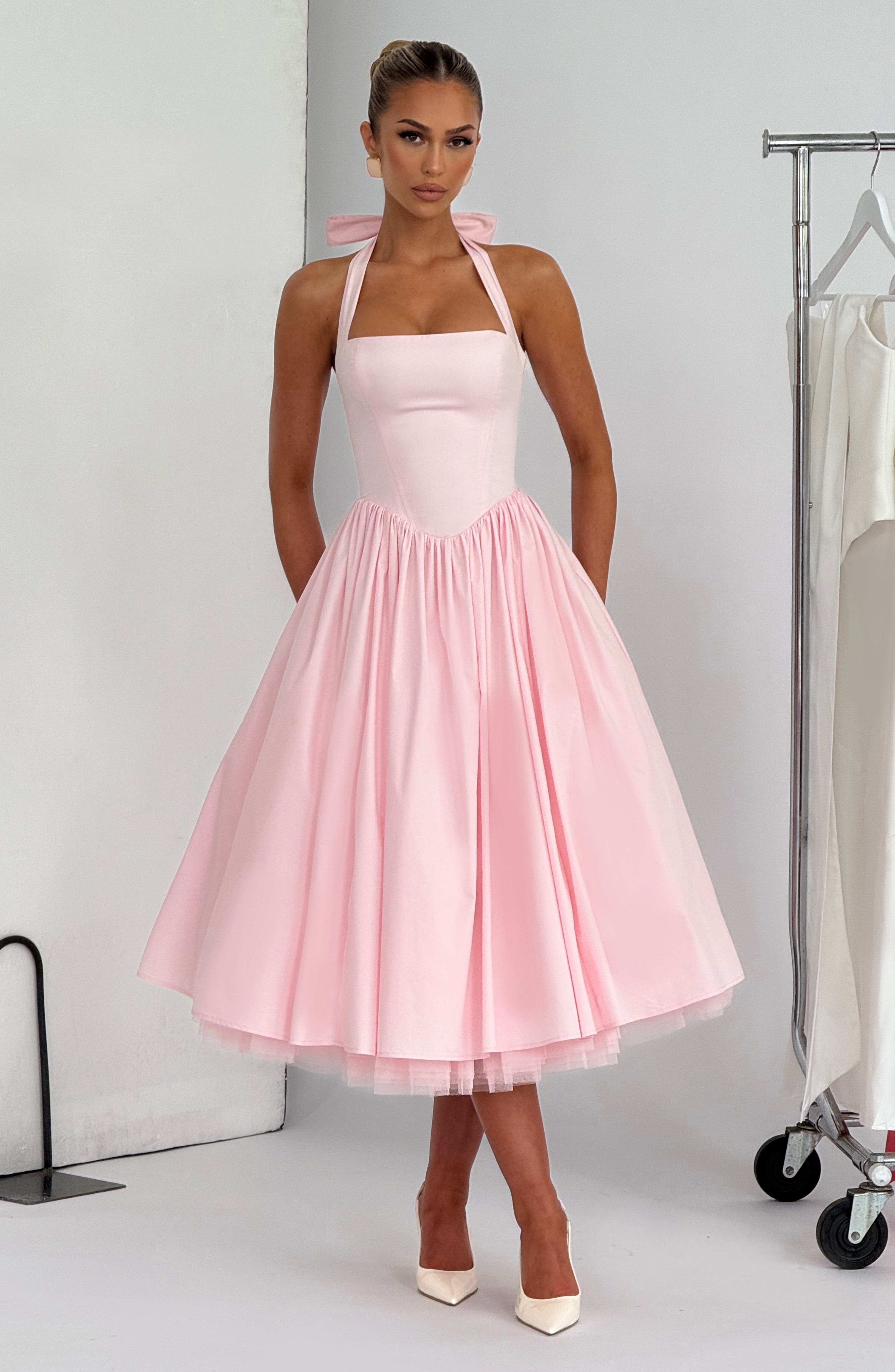 Blush Square Halter Neck Midi Dress with Lace-Up Back