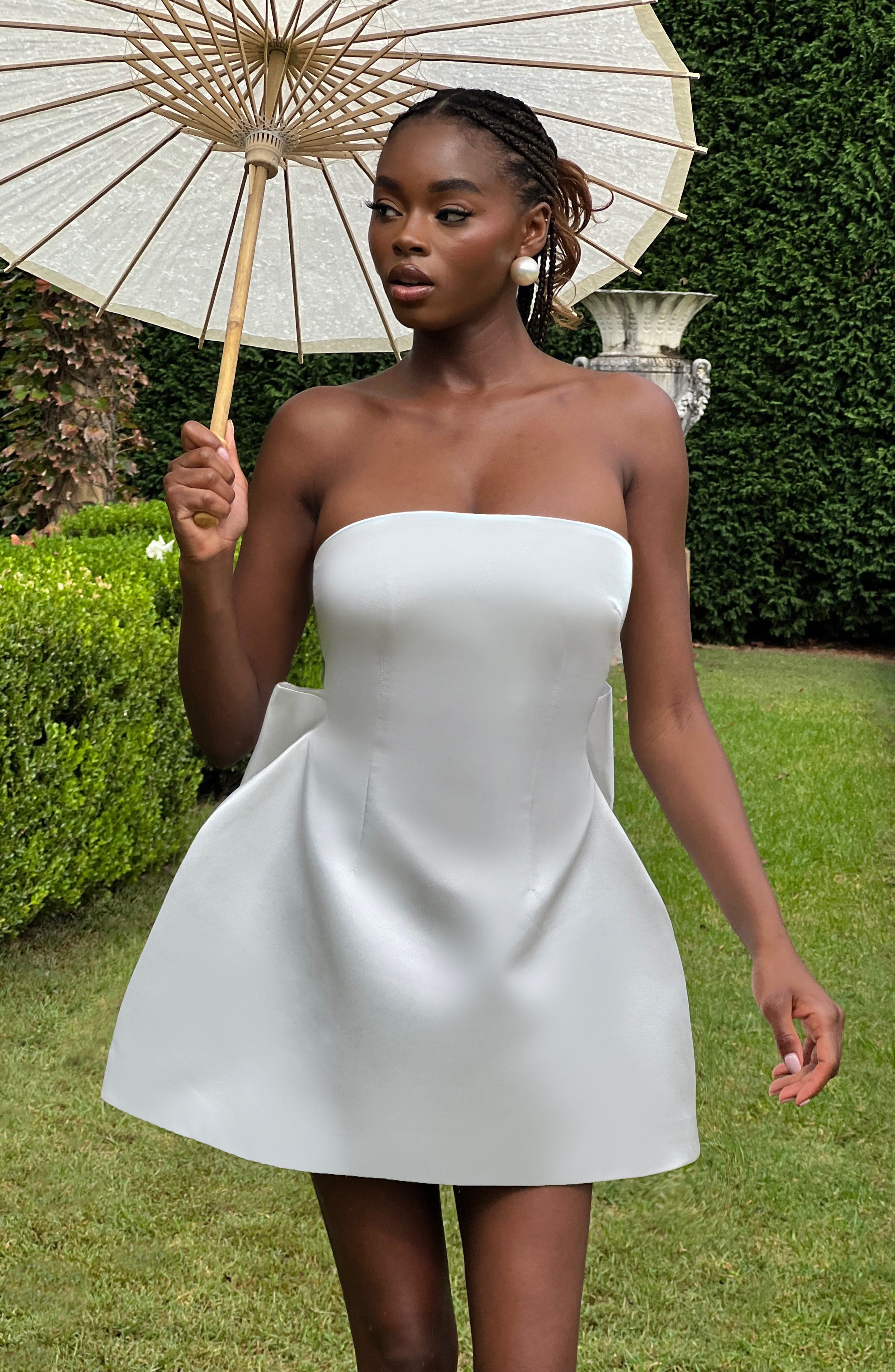 Ivory Strapless Bubble Mini Dress with Detachable Bow