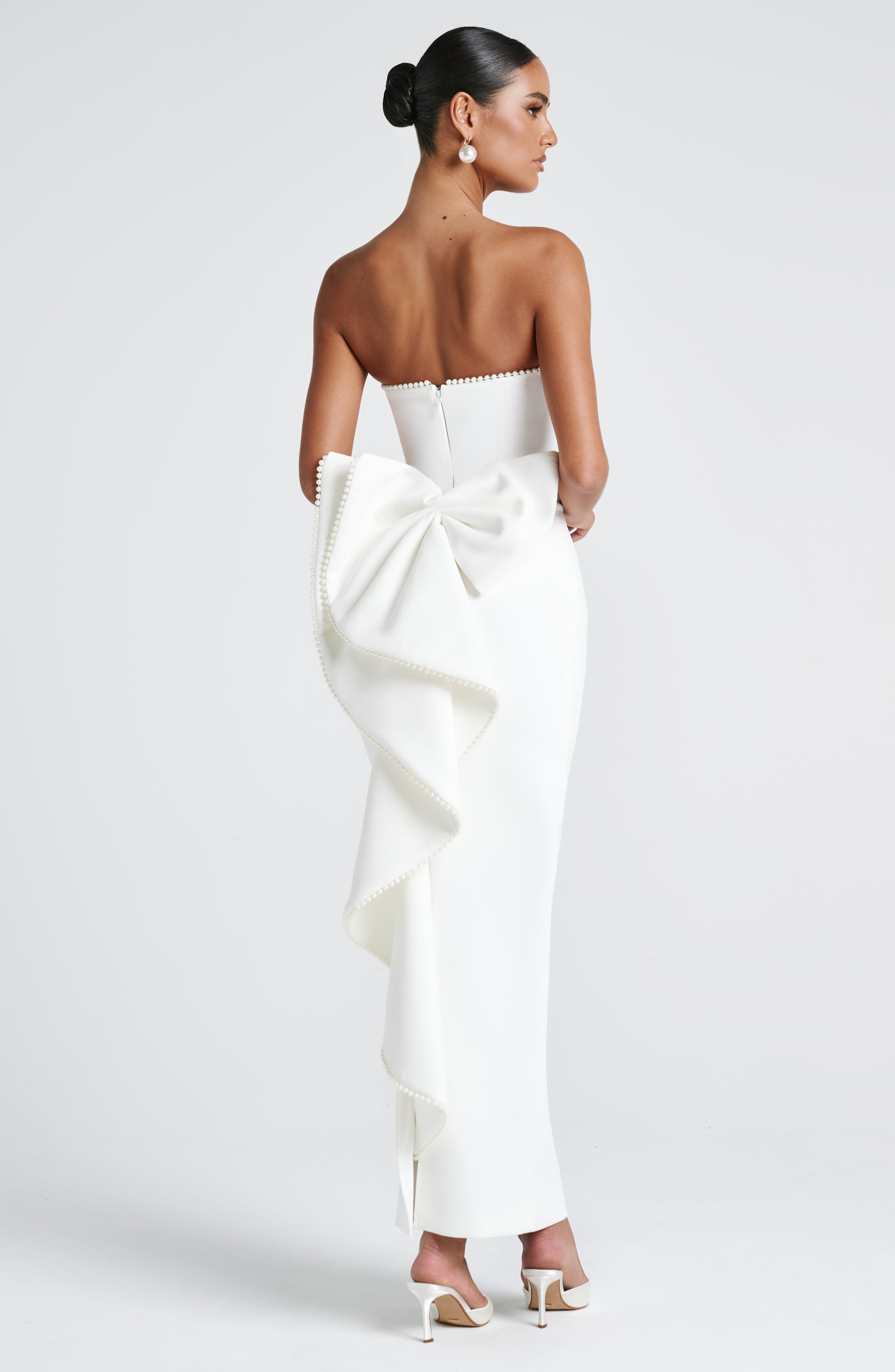 Elegant Ivory Crepe Maxi Dress with Pearl Trim - Strapless
