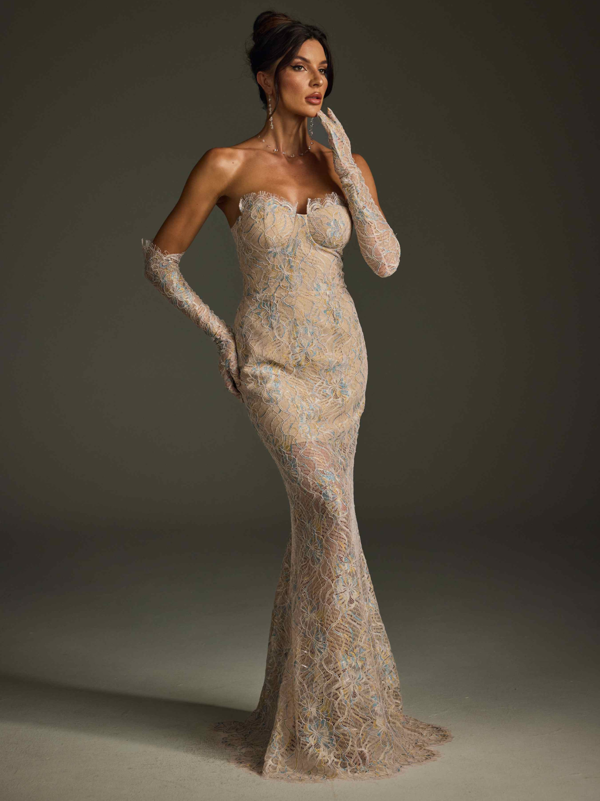 Apricot Lace Floral Maxi Dress - Elegant Strapless Design