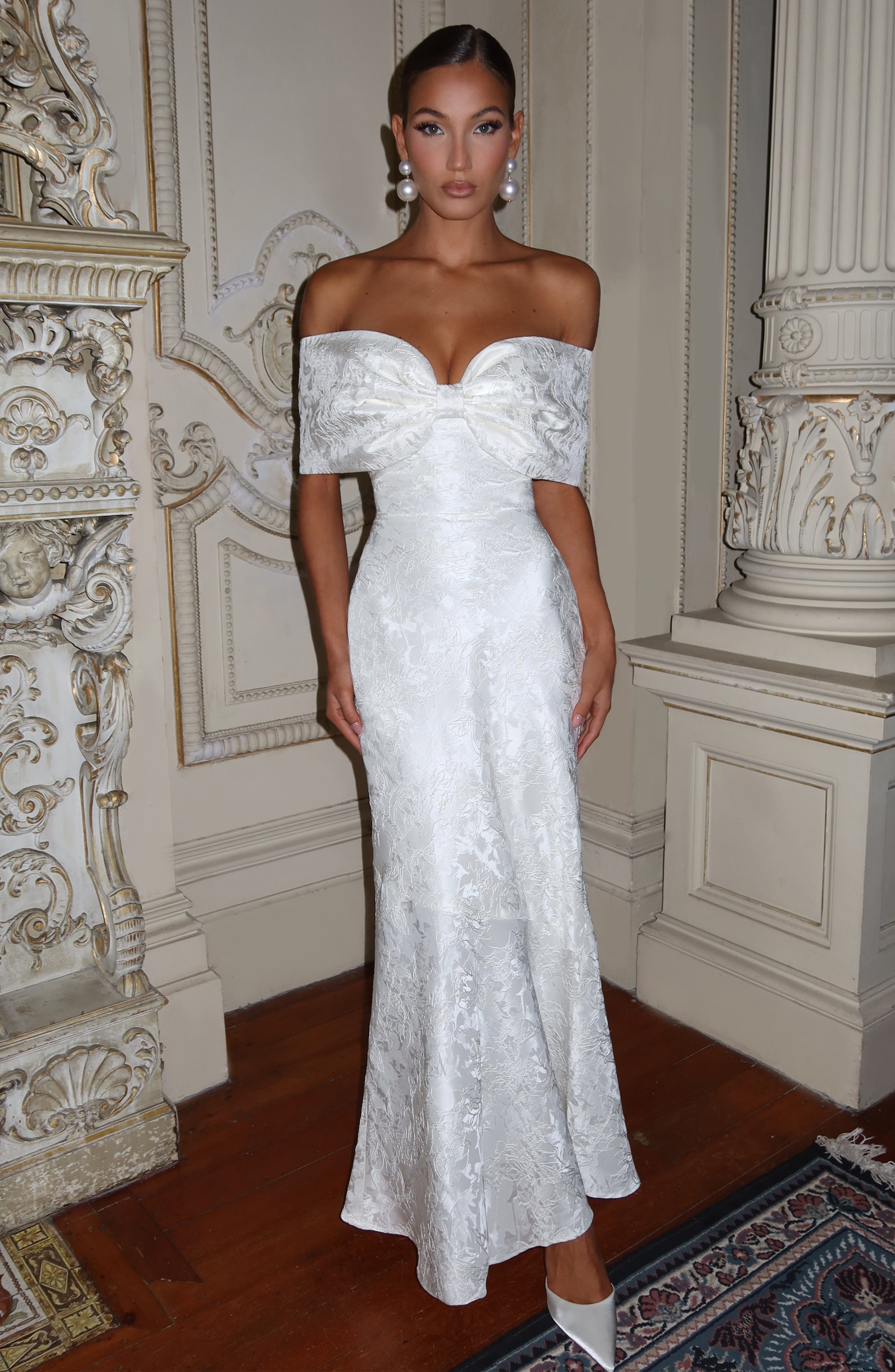 Ivory Floral Jacquard Maxi Dress with Lace-Up Back