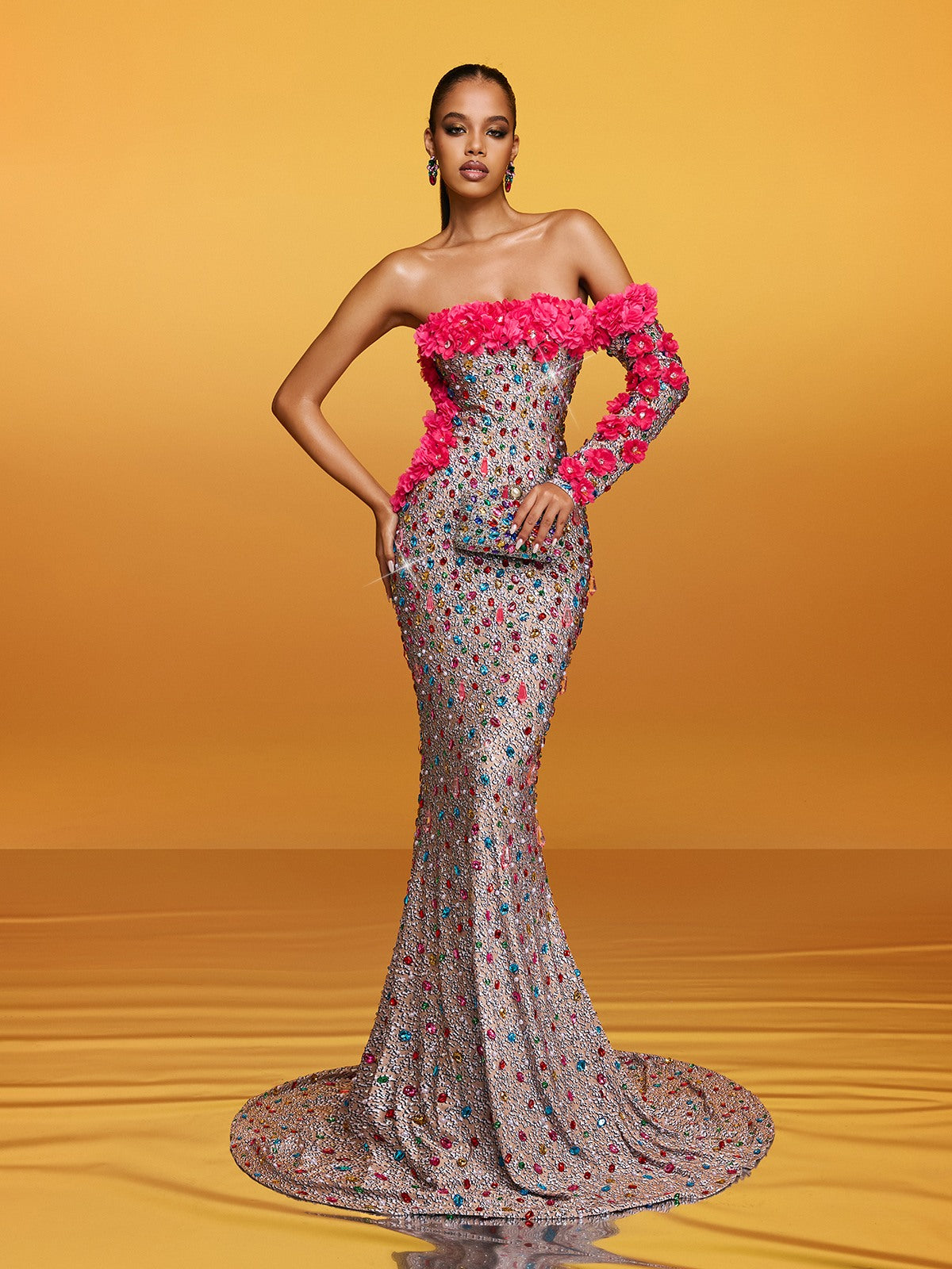 Elegant Off-Shoulder Crystal Floral Maxi Dress