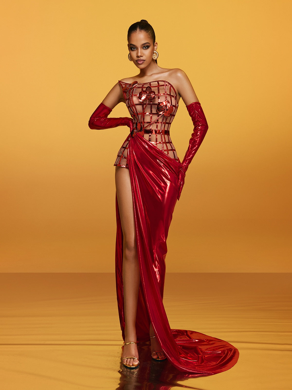 Red Metallic Flower Strapless Maxi Dress for Glamorous Events