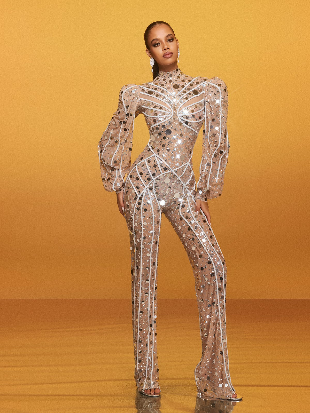 Nude Embellished Long Sleeve Jumpsuit with Invisible Zipper