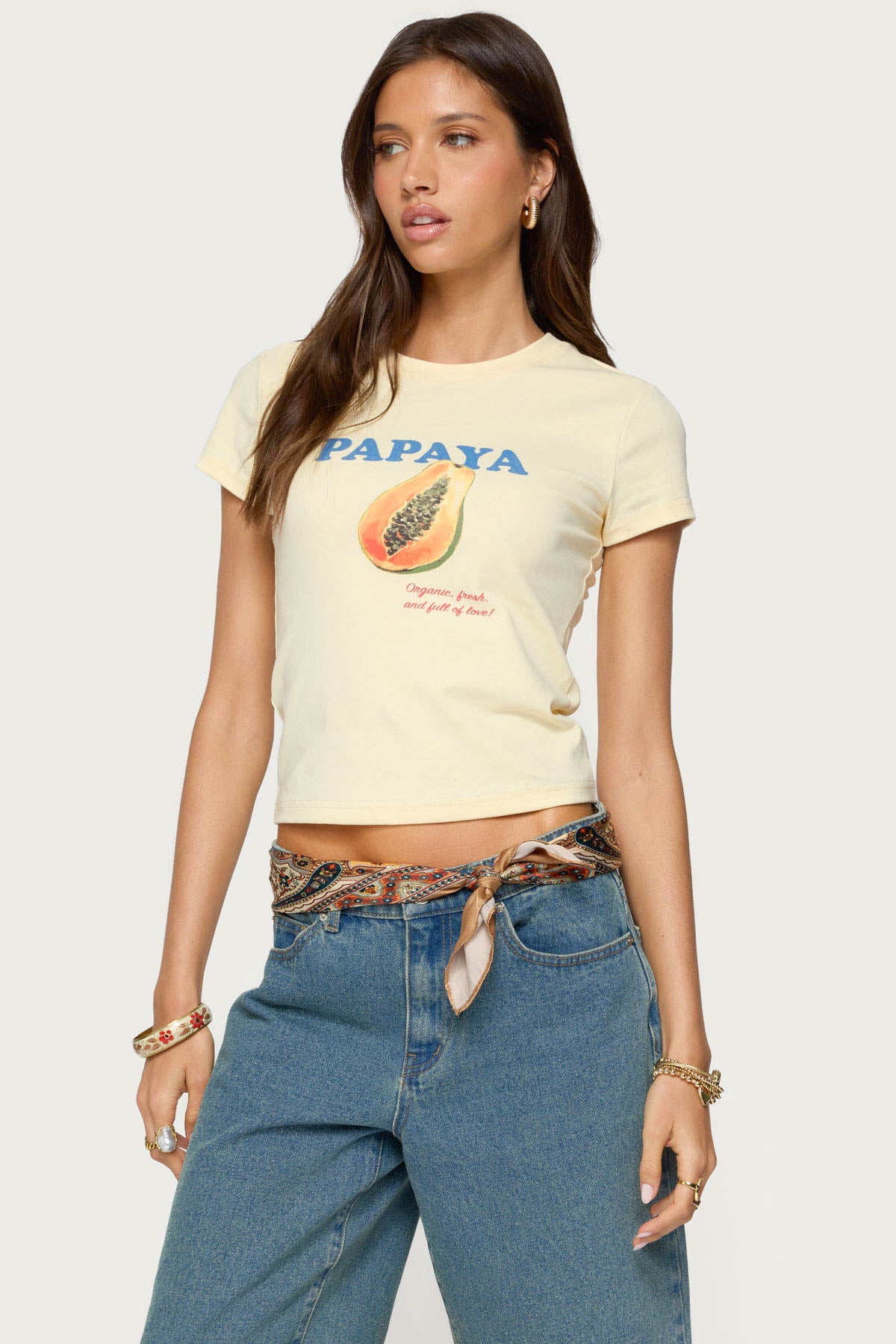 Yellow Graphic Print Cotton Spandex T-Shirt - Womens Casual Wear