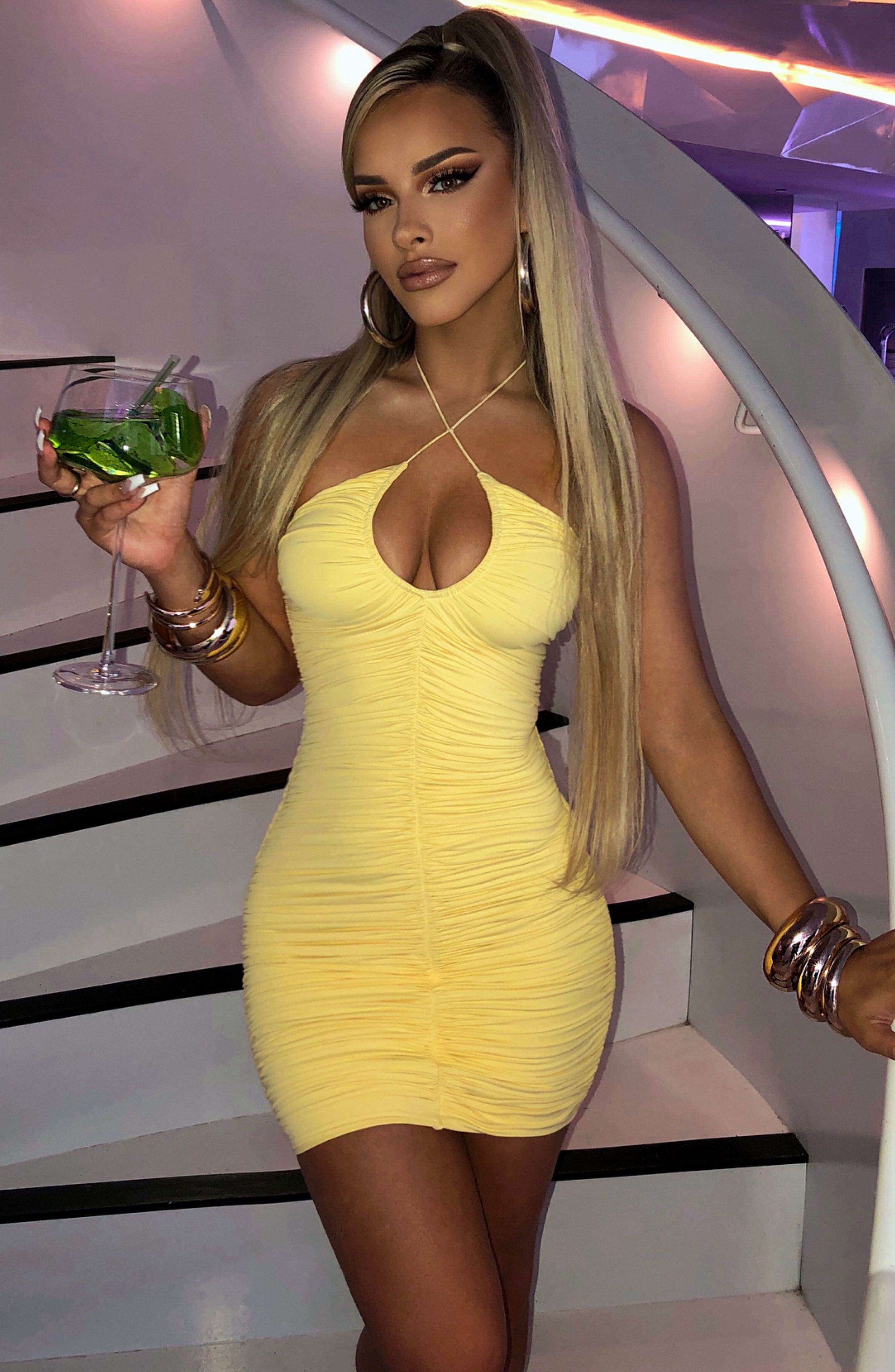 Lemon Ruched Mini Dress - Adjustable Straps, Double-Layered