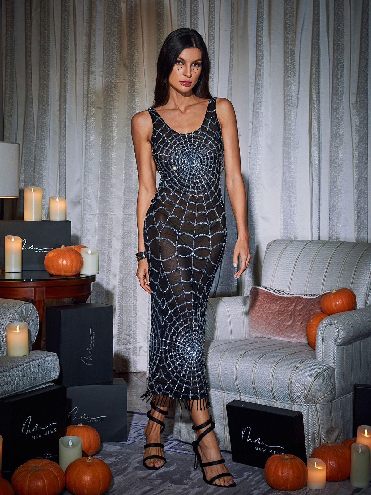 Black Cobweb Sequin Midi Dress with Scoop Neckline