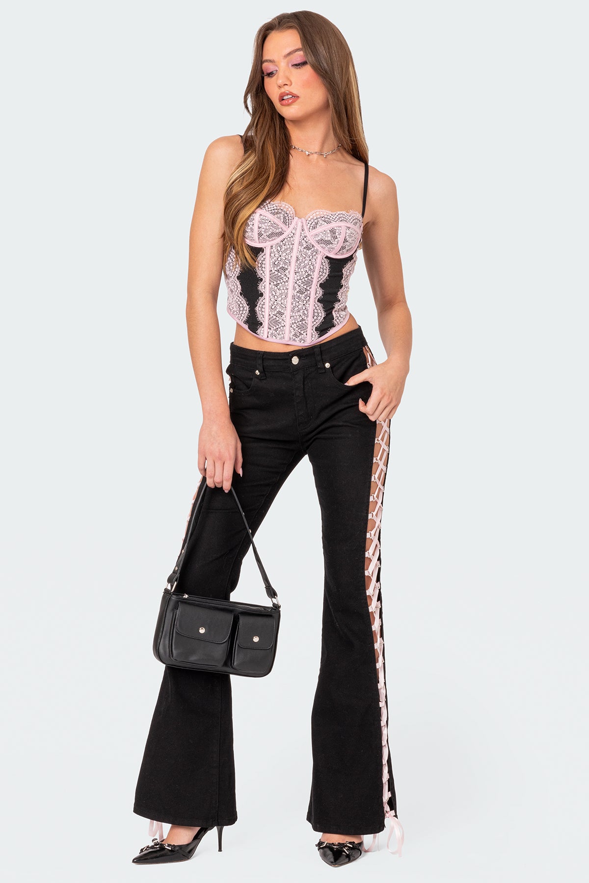 Black Lace Up Flared Denim Pants