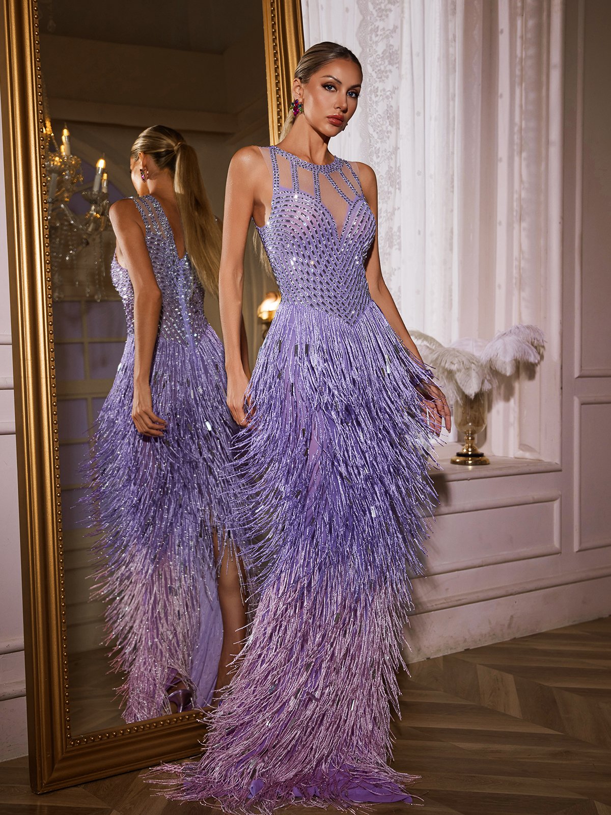Elegant Fringe Rhinestone Maxi Evening Dress