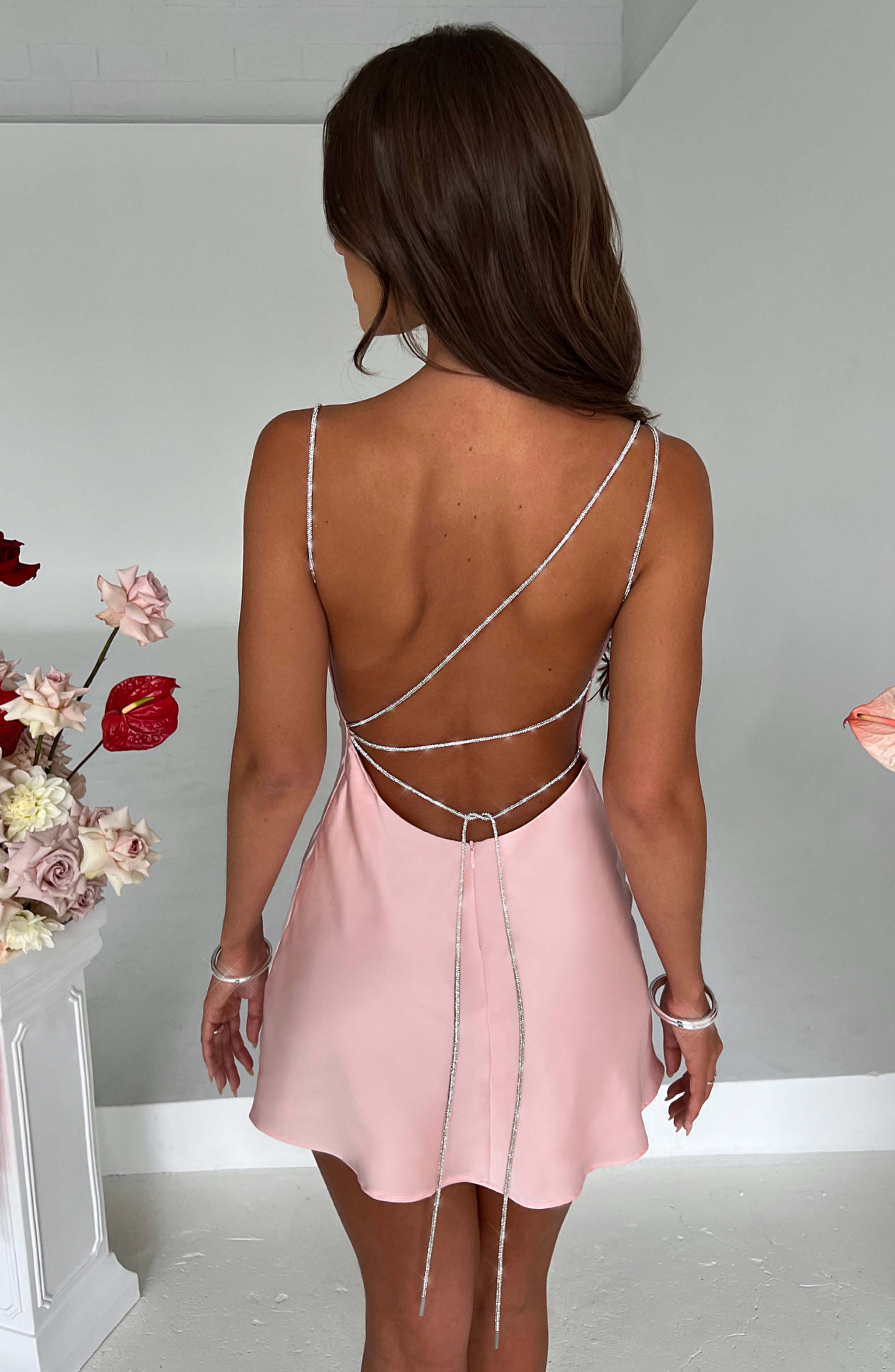 Blush Stretch Satin Mini Dress with Diamante Straps