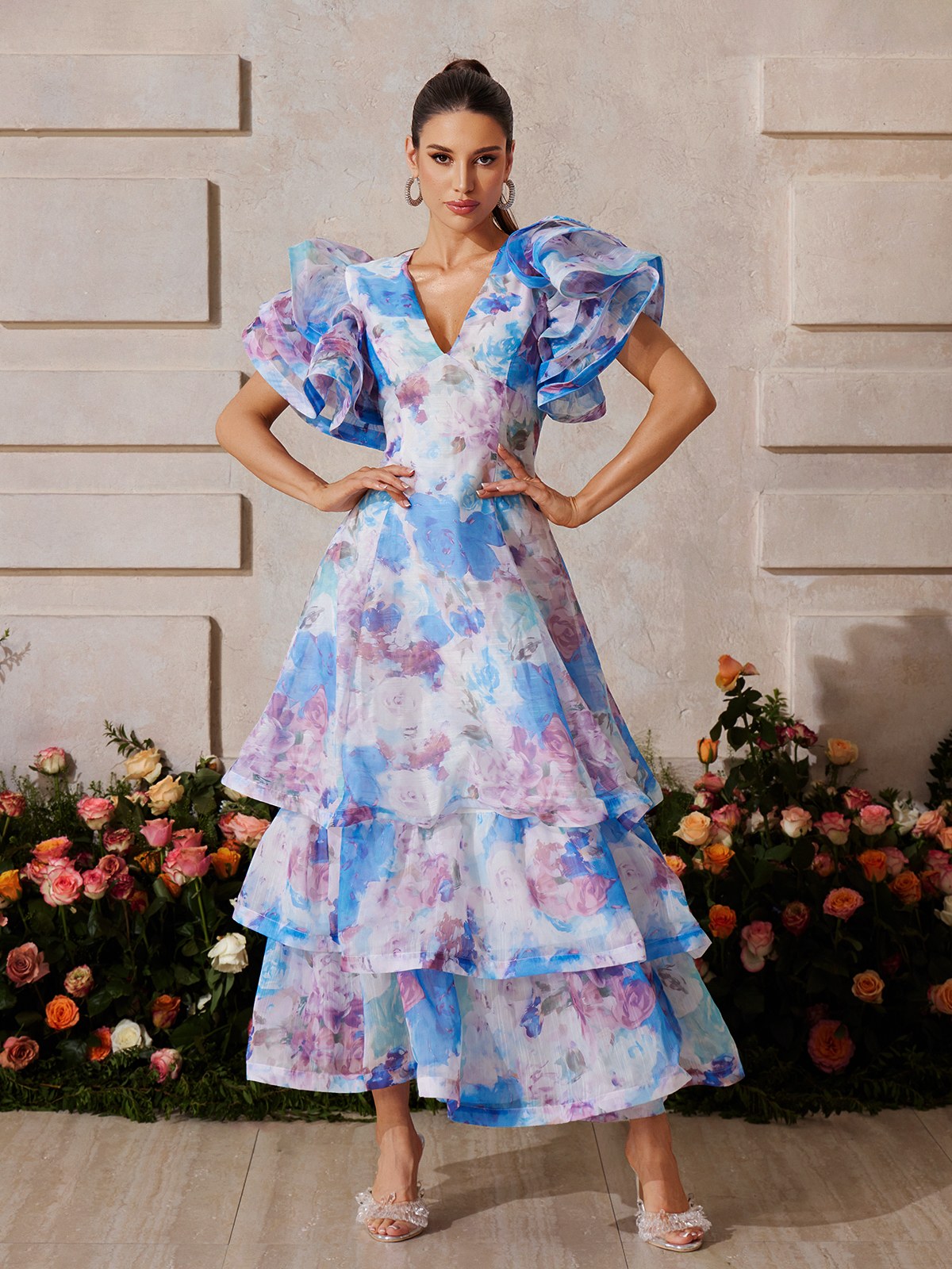 Blue Floral Printed V-Neck Maxi Dress - Elegant & Comfortable