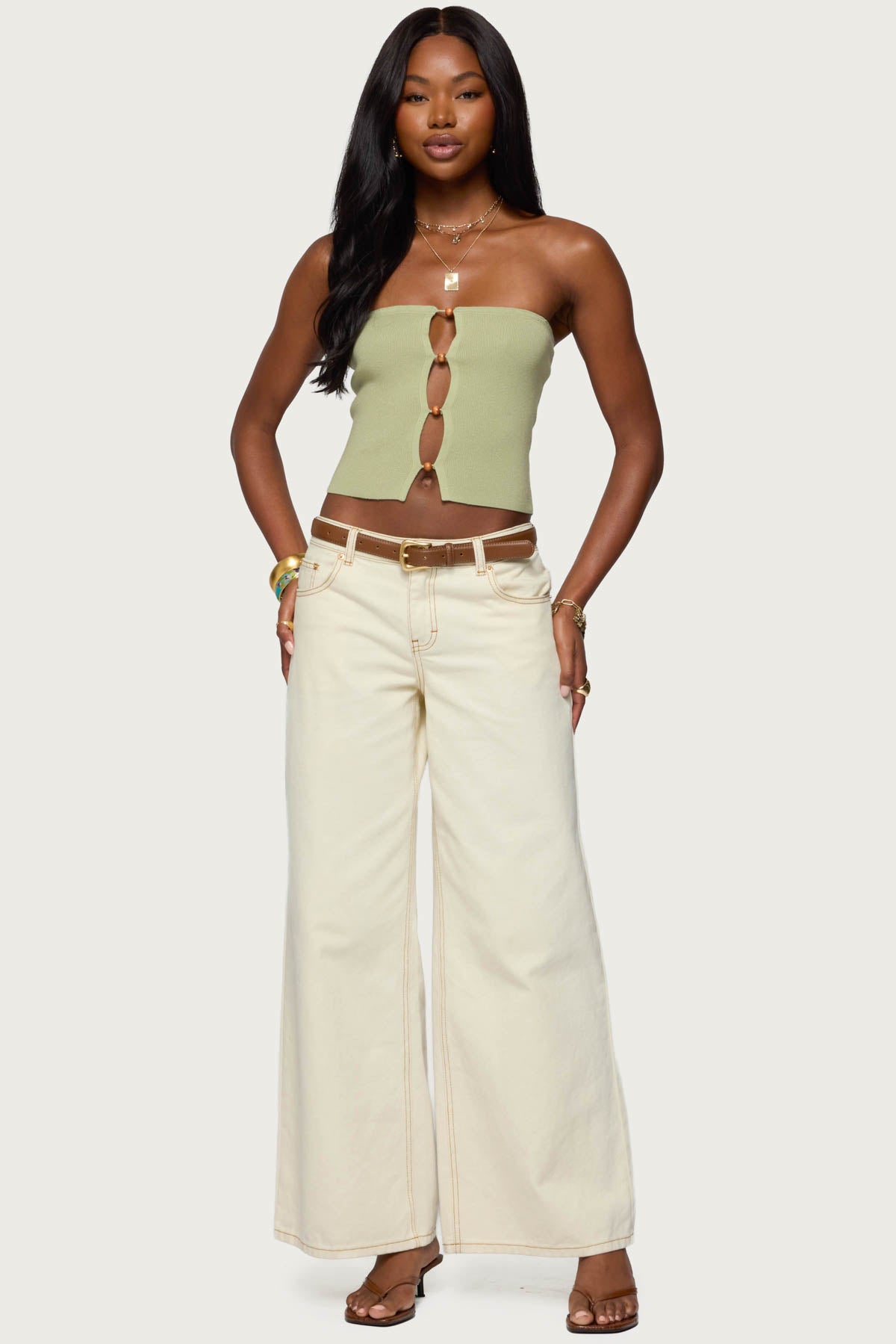 Green Knit Top with Bead Cut Out Design