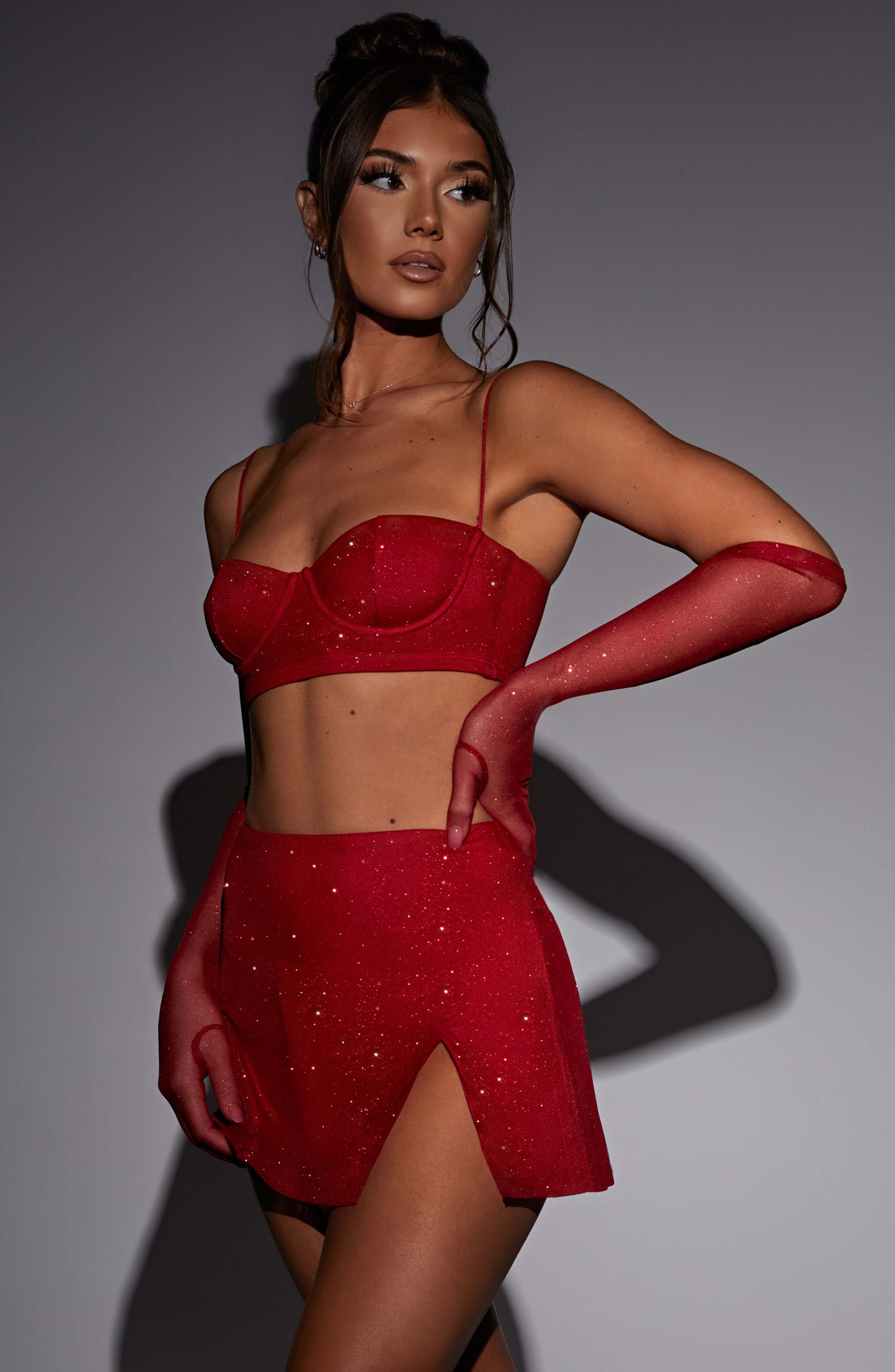 Red Sparkle High-Waisted Mini Skirt - Flattering Fit