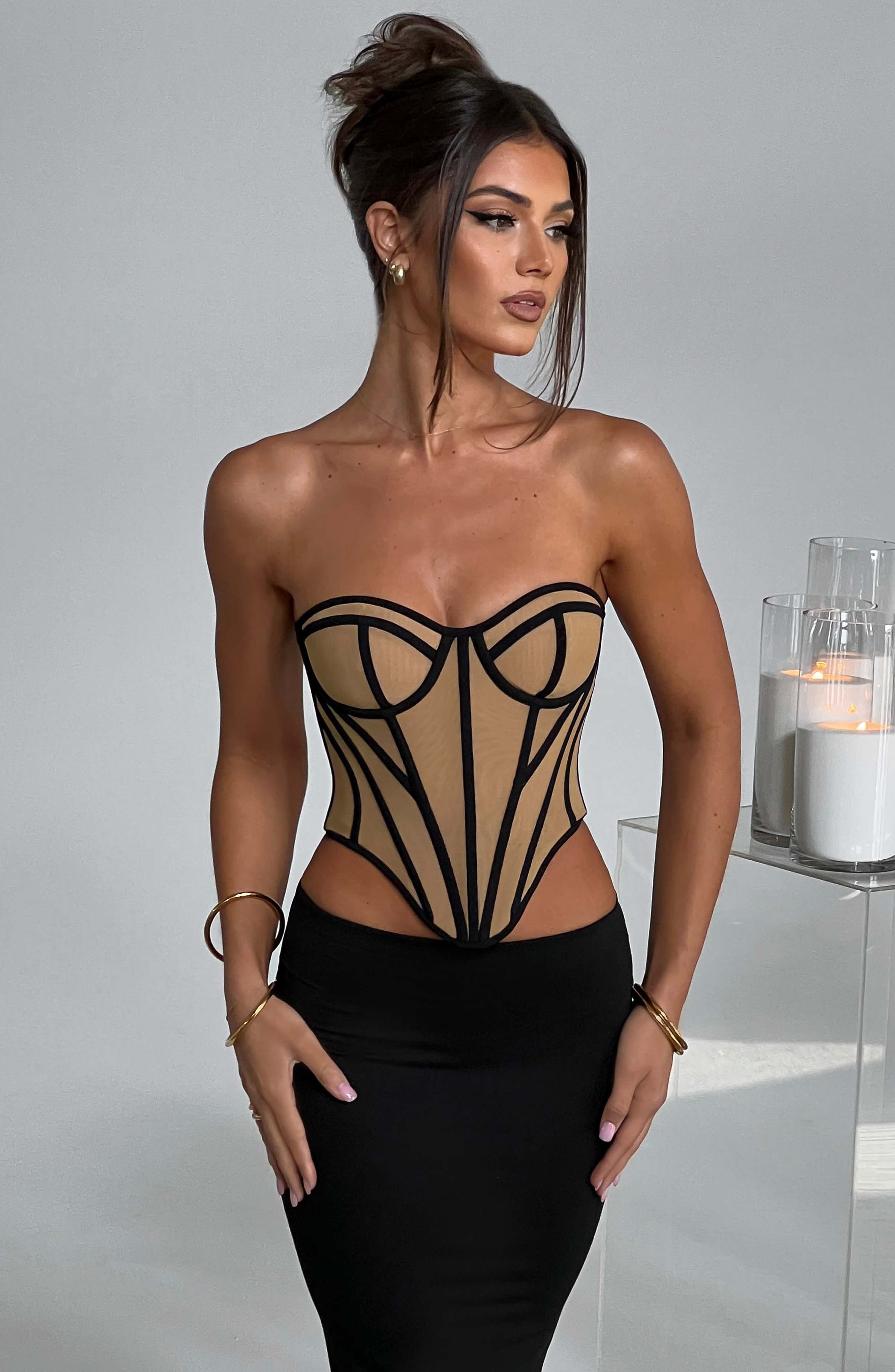 Mesh Corset Top in Black/Nude - Sculpted Waist Santanna