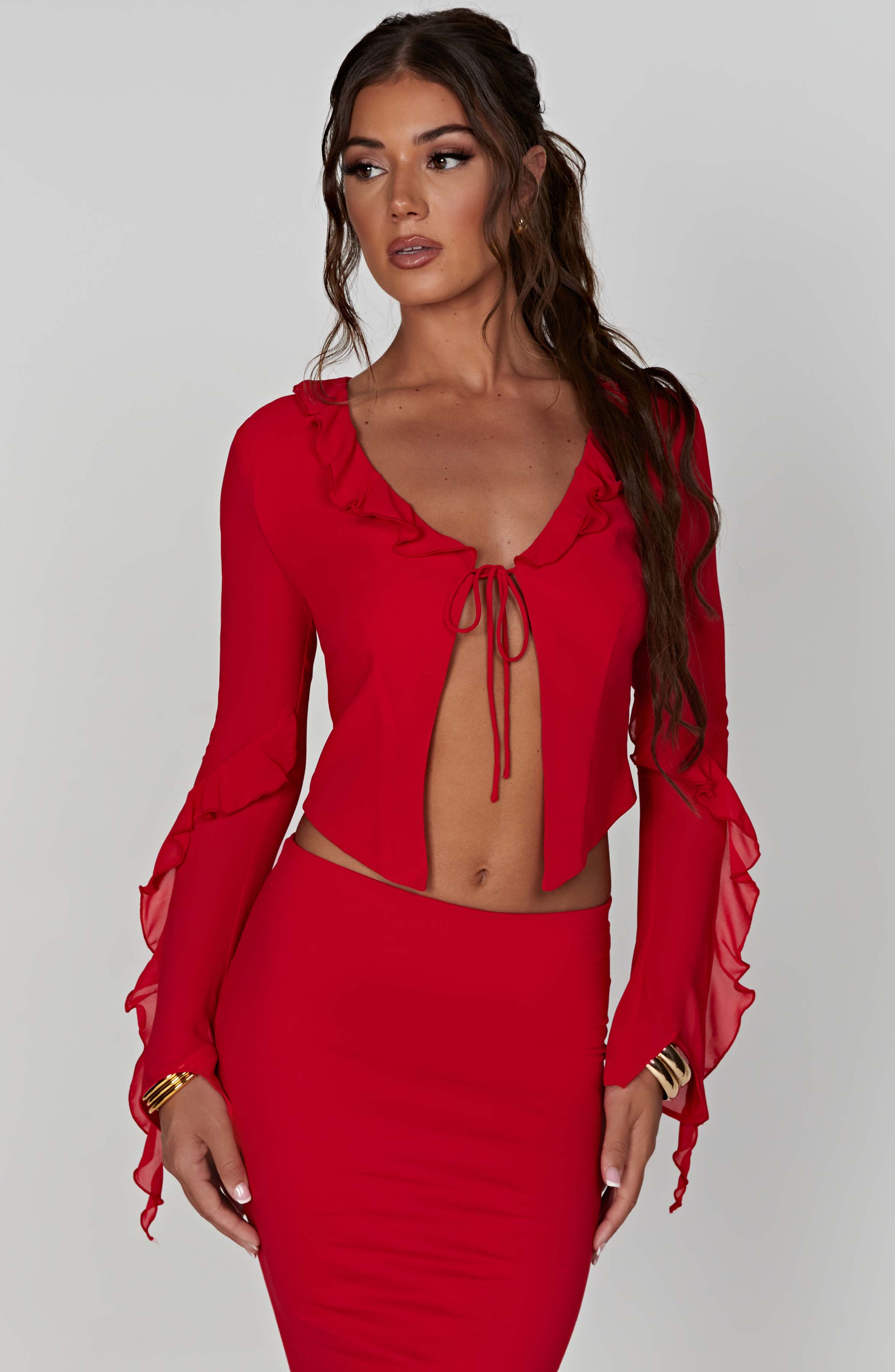 Red Frilled Plunge Neckline Blouse - Dee Top Womens Fashion