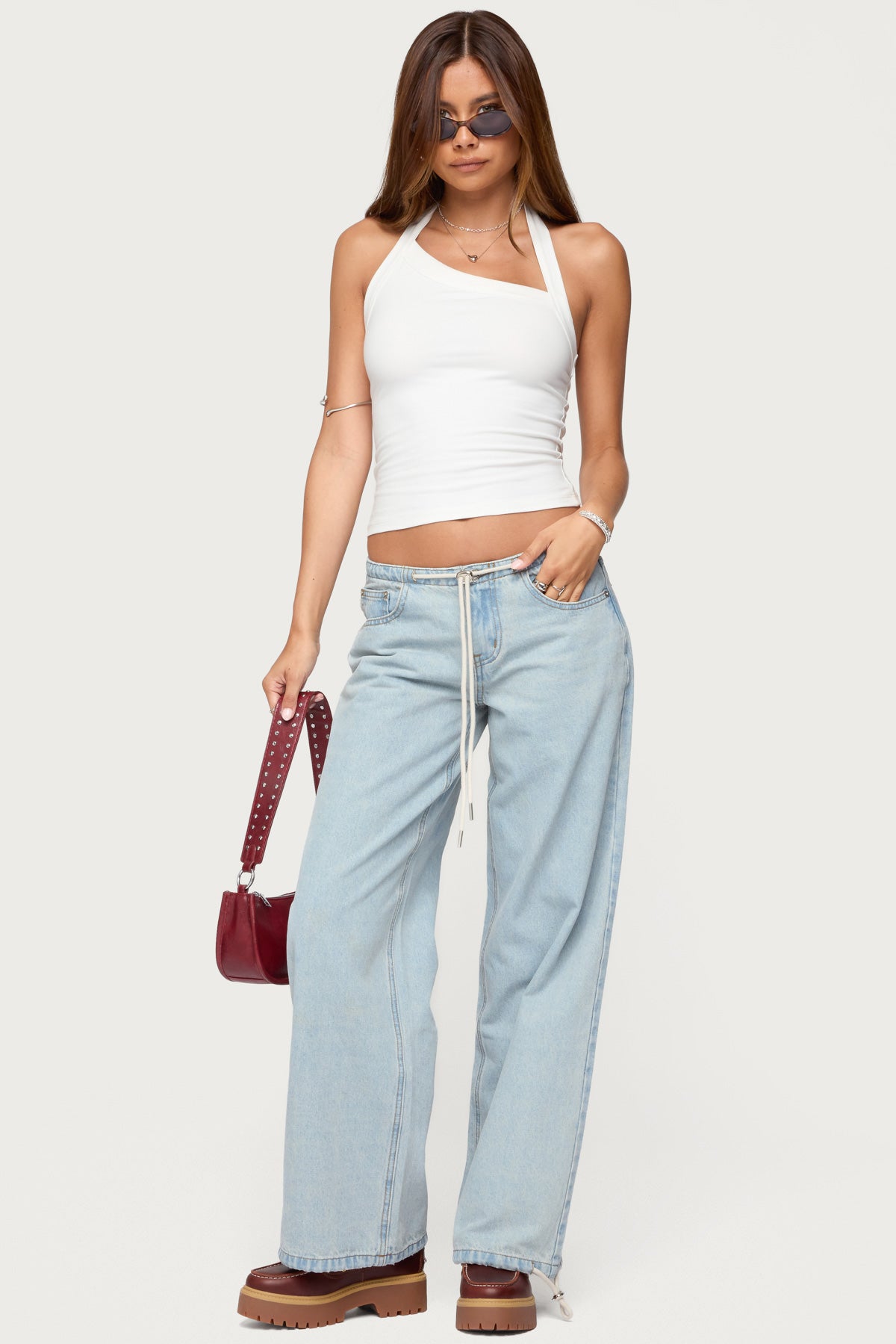 Light Blue Drawstring Denim Jeans - Womens High Waist Casual Pants