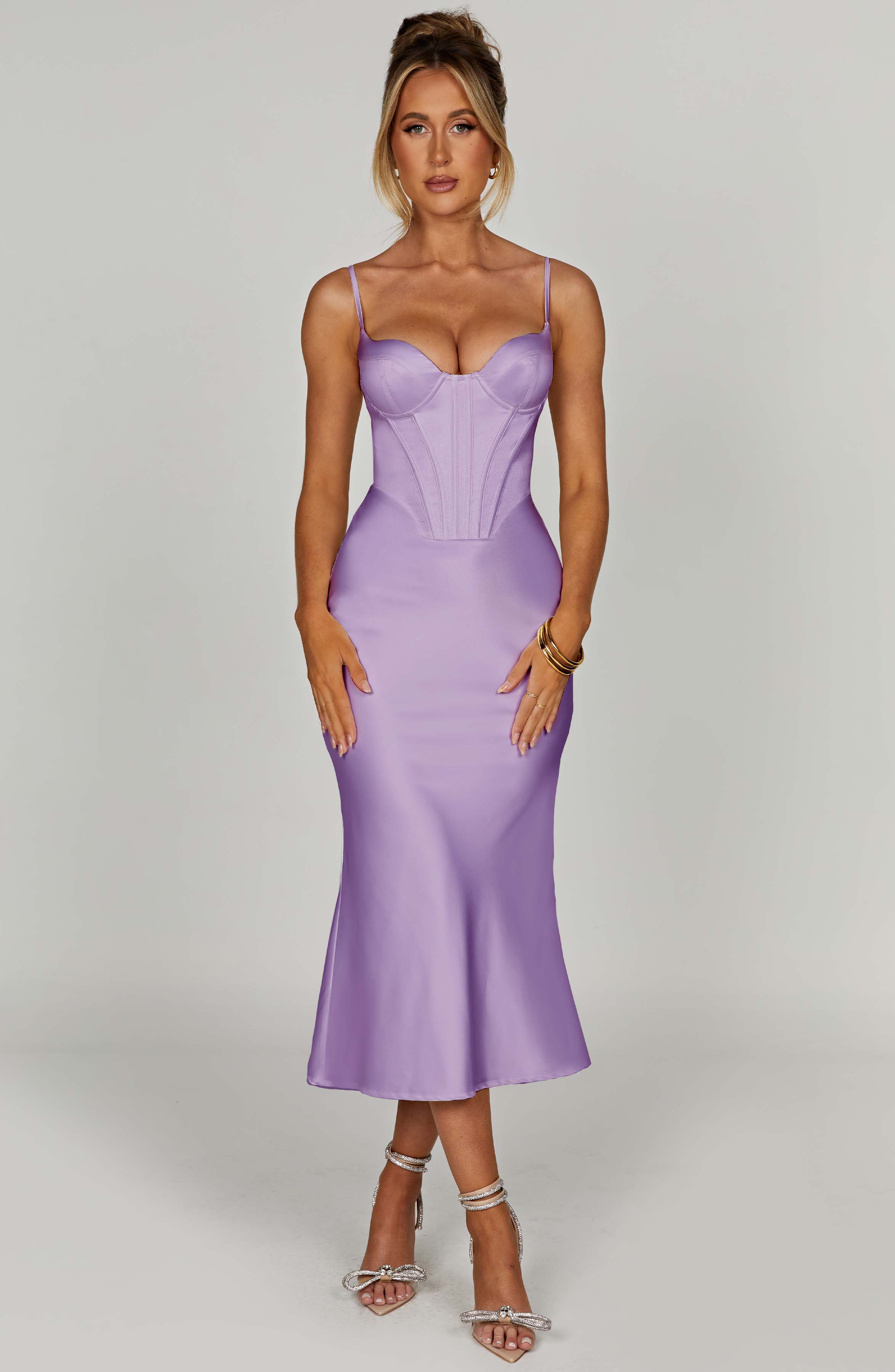 Purple Satin Corset Body Midi Dress | Premium Bias Cut